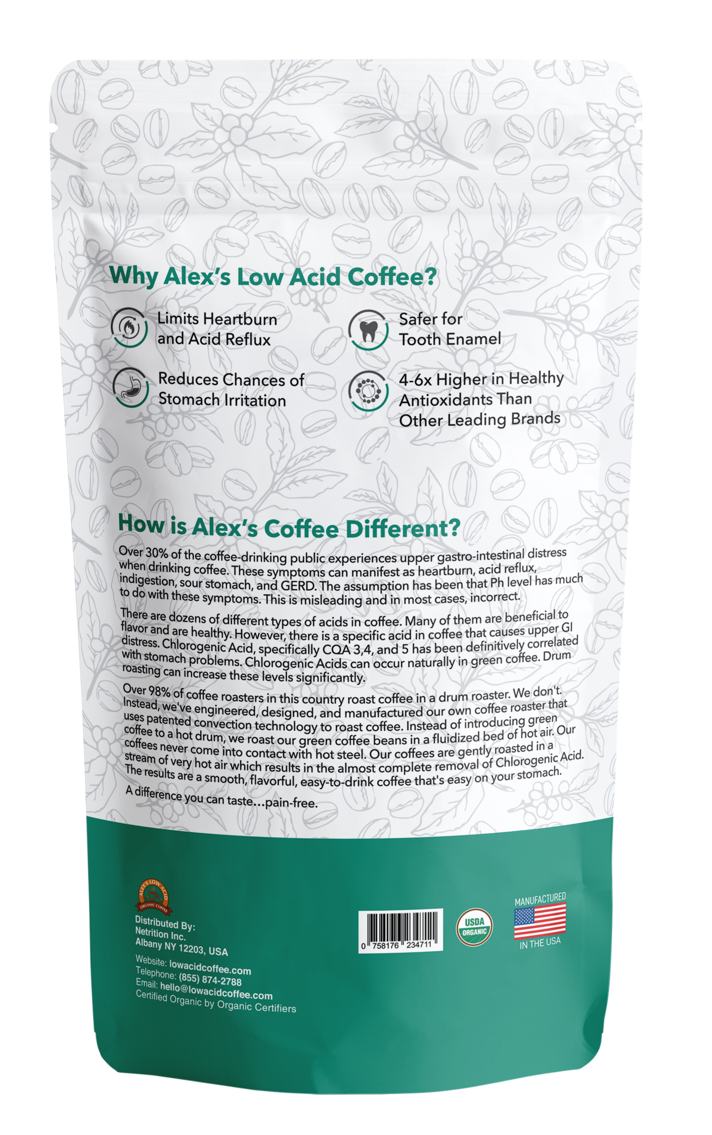 Back of Alex's Low-Acid Organic Coffee™ - Decaf Fresh Ground (12oz) bag shows benefits like heartburn relief and tooth-friendly formula. White background with green accents, icons, and coffee bean patterns. Brand: Alex's Low Acid Coffee.