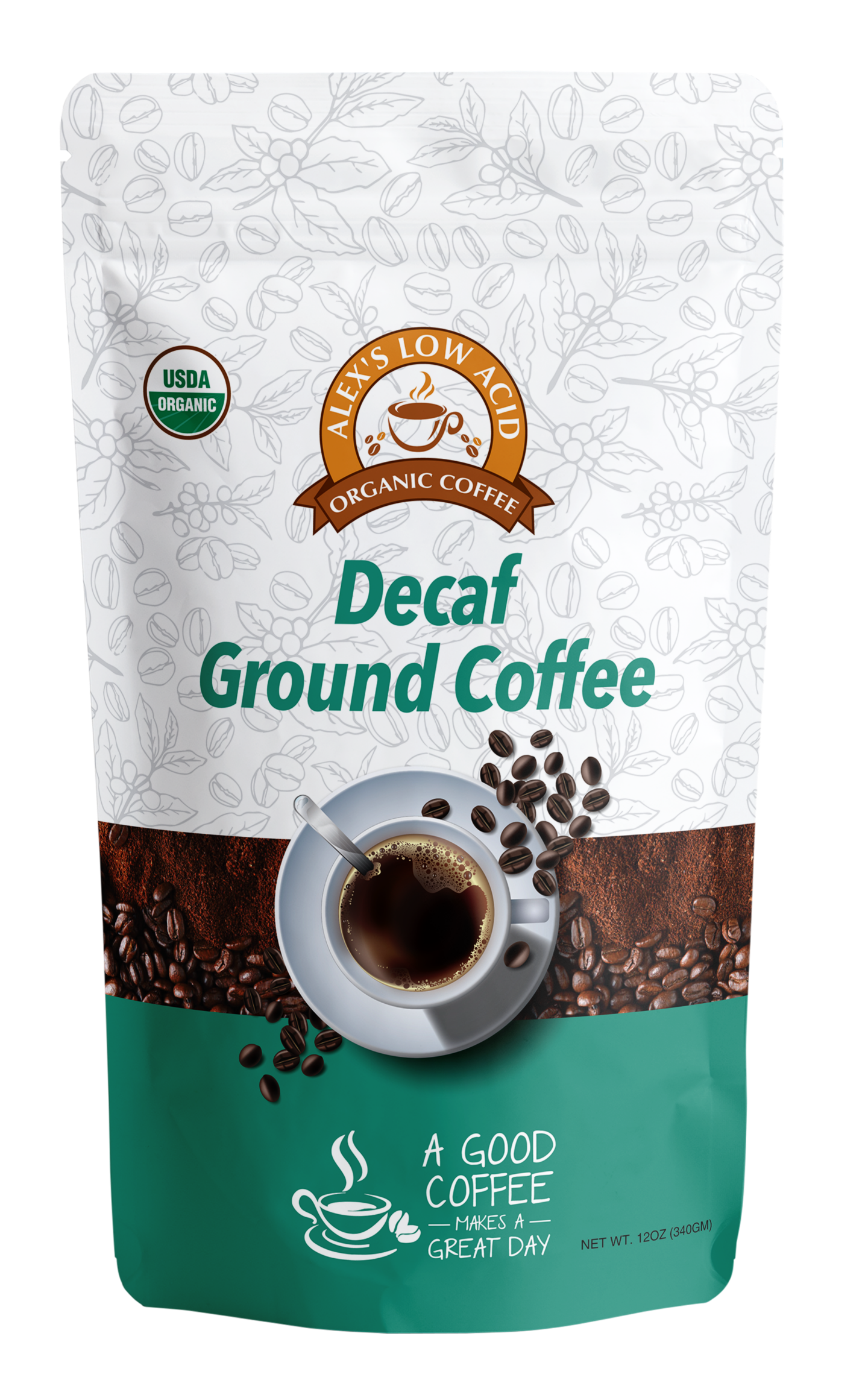 Enjoy smooth flavor and heartburn relief with Alex's Low-Acid Organic Coffee™ - Decaf Fresh Ground (12oz) by Alex's Low Acid Coffee. USDA Organic, featuring organic decaf coffee beans and latte art on the packaging. Good coffee makes a great day!.