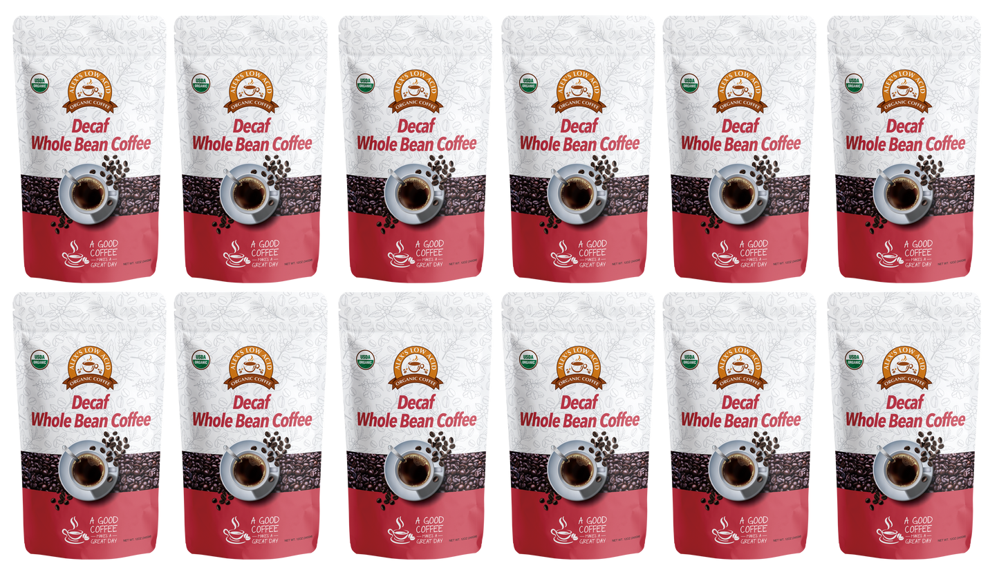 Twelve bags of Alex's Low-Acid Organic Coffee™ - Decaf Whole Bean (12oz) from Alex's Low Acid Coffee are arranged in three rows of four, with white and red packaging featuring a coffee cup and the brand’s logo, emphasizing low-acid benefits.