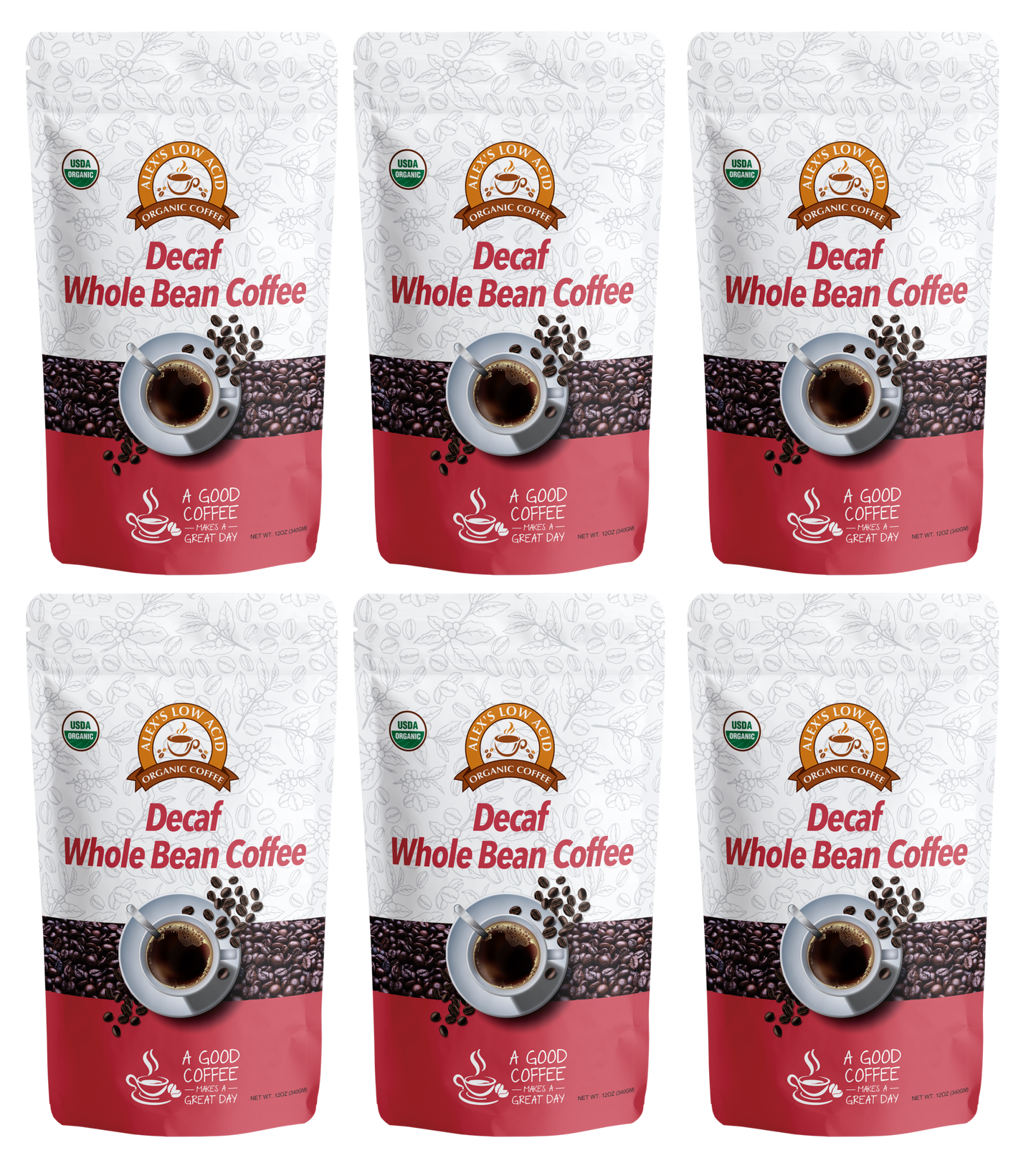 Six identical bags of Alex's Low-Acid Organic Coffee™ - Decaf Whole Bean (12oz) by Alex's Low Acid Coffee, in red and white packaging with a coffee cup design—ideal for smooth, low-acid decaf coffee enjoyment.