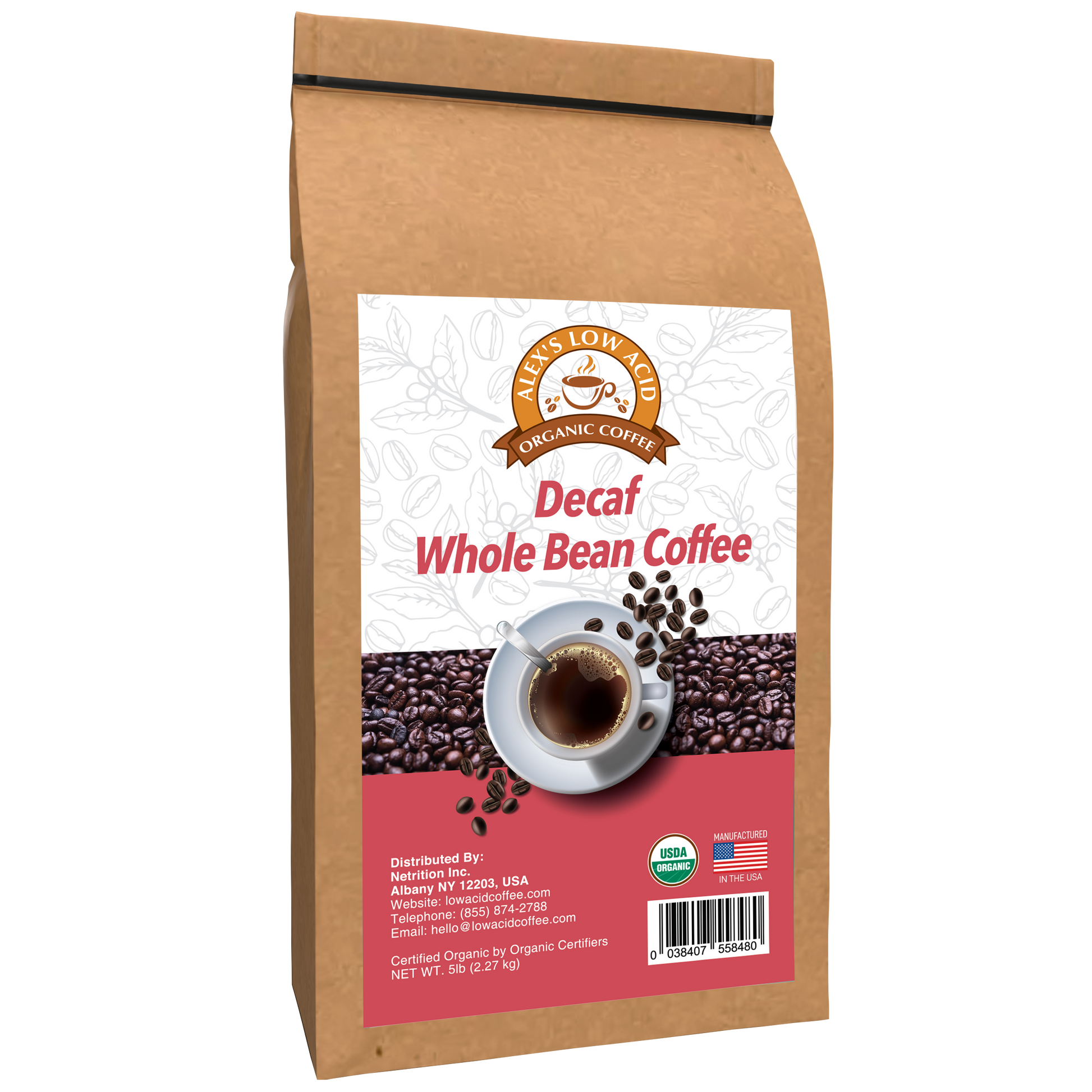 5lb brown bag of Alex's Low-Acid Organic Coffee™ - Decaf Whole Bean by Alex's Low Acid Coffee, heartburn-friendly, with a coffee cup image on beans, USDA Organic and American flag labels, and distributor info on front.