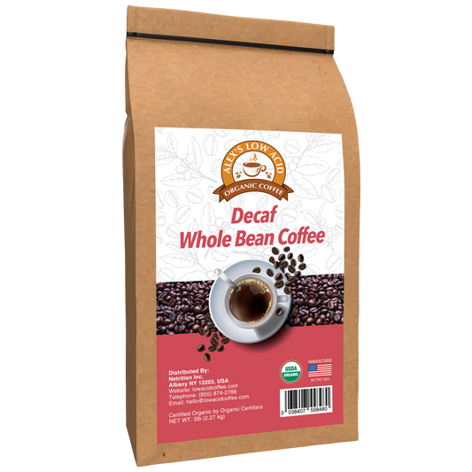 5lb brown bag of Alex's Low-Acid Organic Coffee™ - Decaf Whole Bean by Alex's Low Acid Coffee, heartburn-friendly, with a coffee cup image on beans, USDA Organic and American flag labels, and distributor info on front.