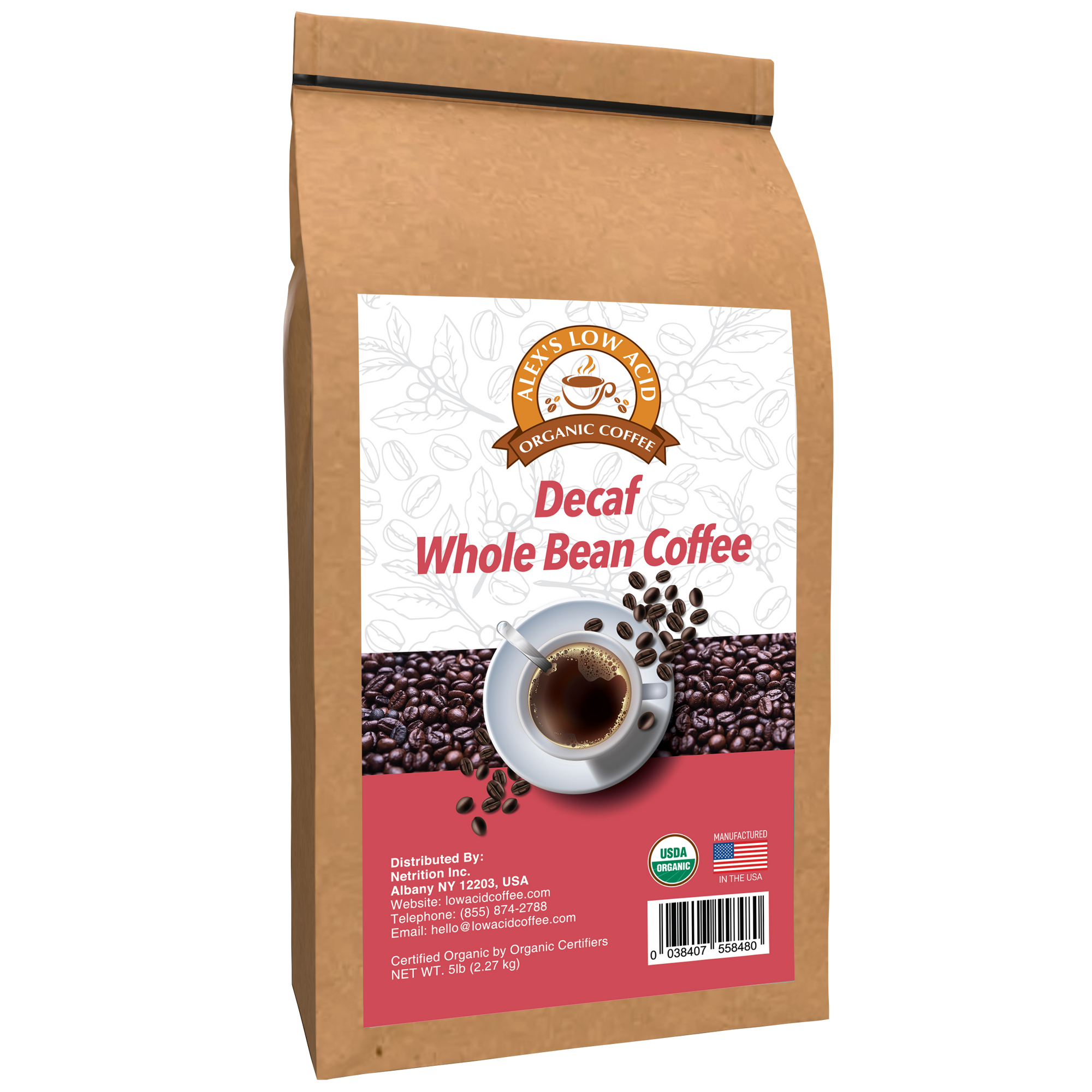 Alex's Low-Acid Organic Coffee™ - Decaf Whole Bean (5lbs)