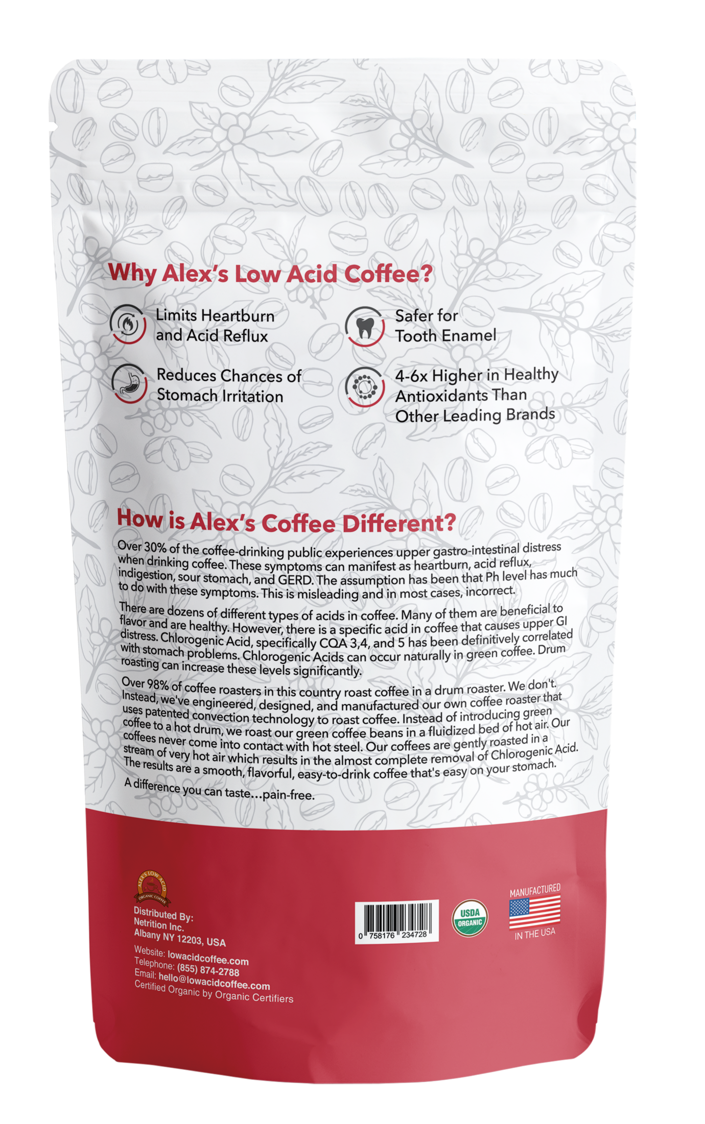 The back of Alex's Low-Acid Organic Coffee™ - Decaf Whole Bean (12oz) highlights less heartburn, safer enamel, and more antioxidants. It features a red and white design with certification and manufacturing info at the bottom.