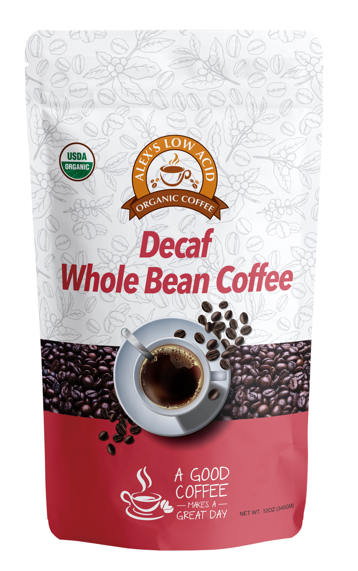 A 12oz bag of Alex's Low-Acid Organic Coffee™ - Decaf Whole Bean by Alex's Low Acid Coffee. Enjoy smooth, low-acid, USDA Organic decaf coffee—great for those who want rich flavor without the jitters.
