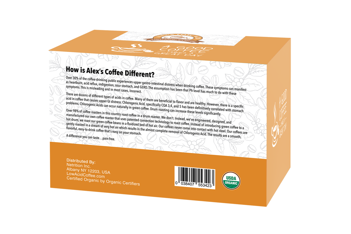 An orange box labeled Alex's Low-Acid Organic Coffee™ K-Cups - French Roast by Alex's Low Acid Coffee. The side promotes low-acid relief for heartburn and USDA Organic certification, with a barcode and company info also shown.