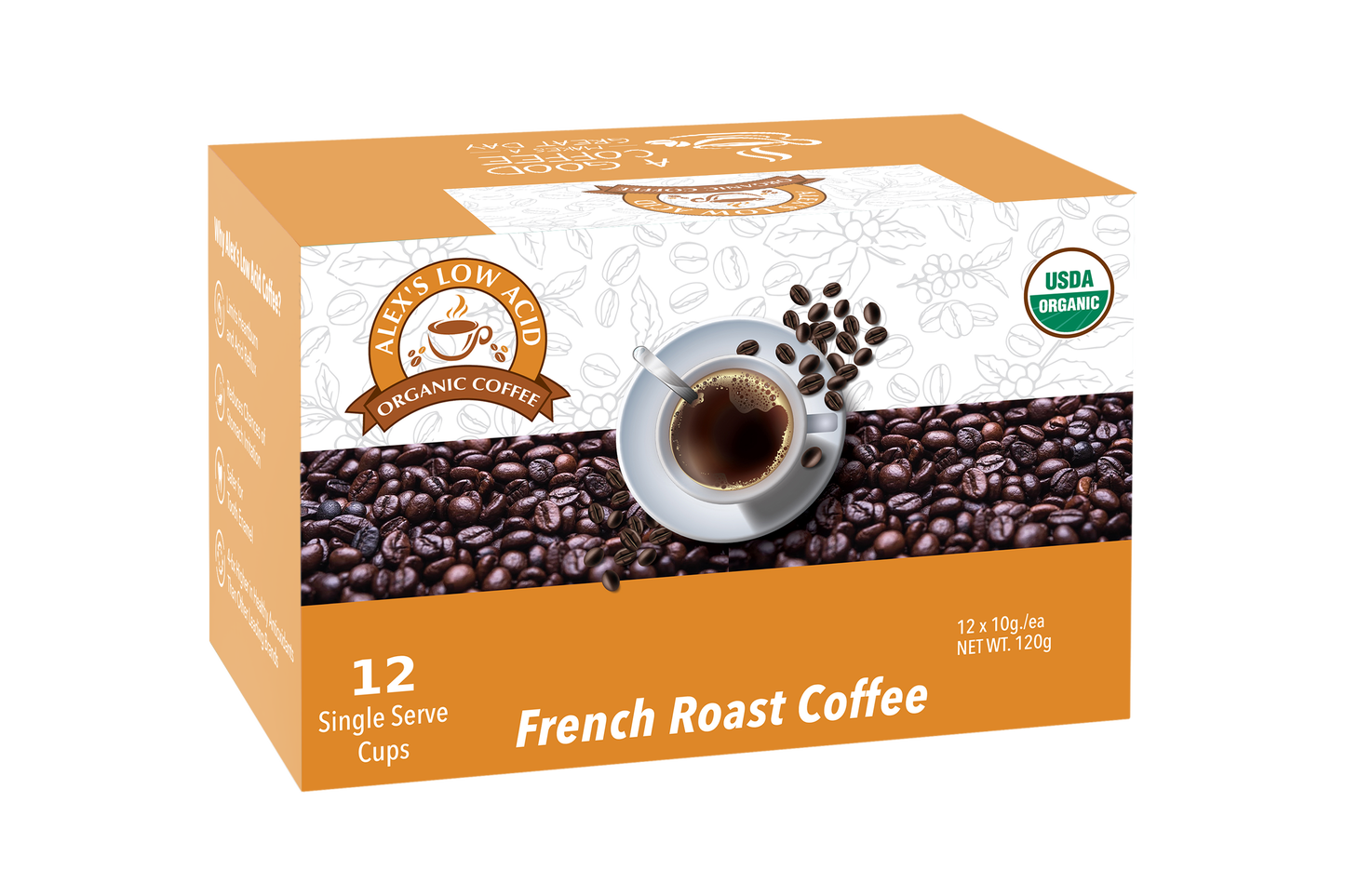 A box of Alex's Low-Acid Organic Coffee™ K-Cups - French Roast by Alex's Low Acid Coffee contains 12 single-serve cups. The packaging features organic coffee beans and a USDA Organic seal—ideal for heartburn relief.