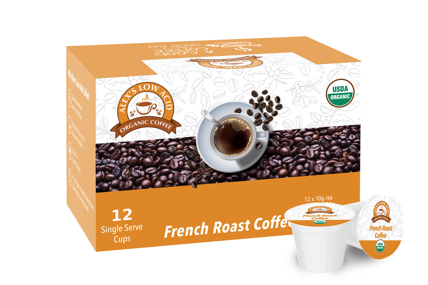 A box of Alex's Low-Acid Organic Coffee™ K-Cups - French Roast by Alex's Low Acid Coffee, labeled USDA Organic, shows a cup of organic coffee with beans, 12 single-serve K-Cups on the packaging, and one low-acid pod in front.