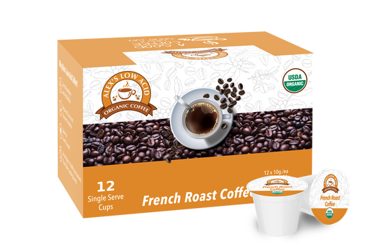 A box of Alex's Low-Acid Organic Coffee™ K-Cups - French Roast by Alex's Low Acid Coffee, labeled USDA Organic, shows a cup of organic coffee with beans, 12 single-serve K-Cups on the packaging, and one low-acid pod in front.
