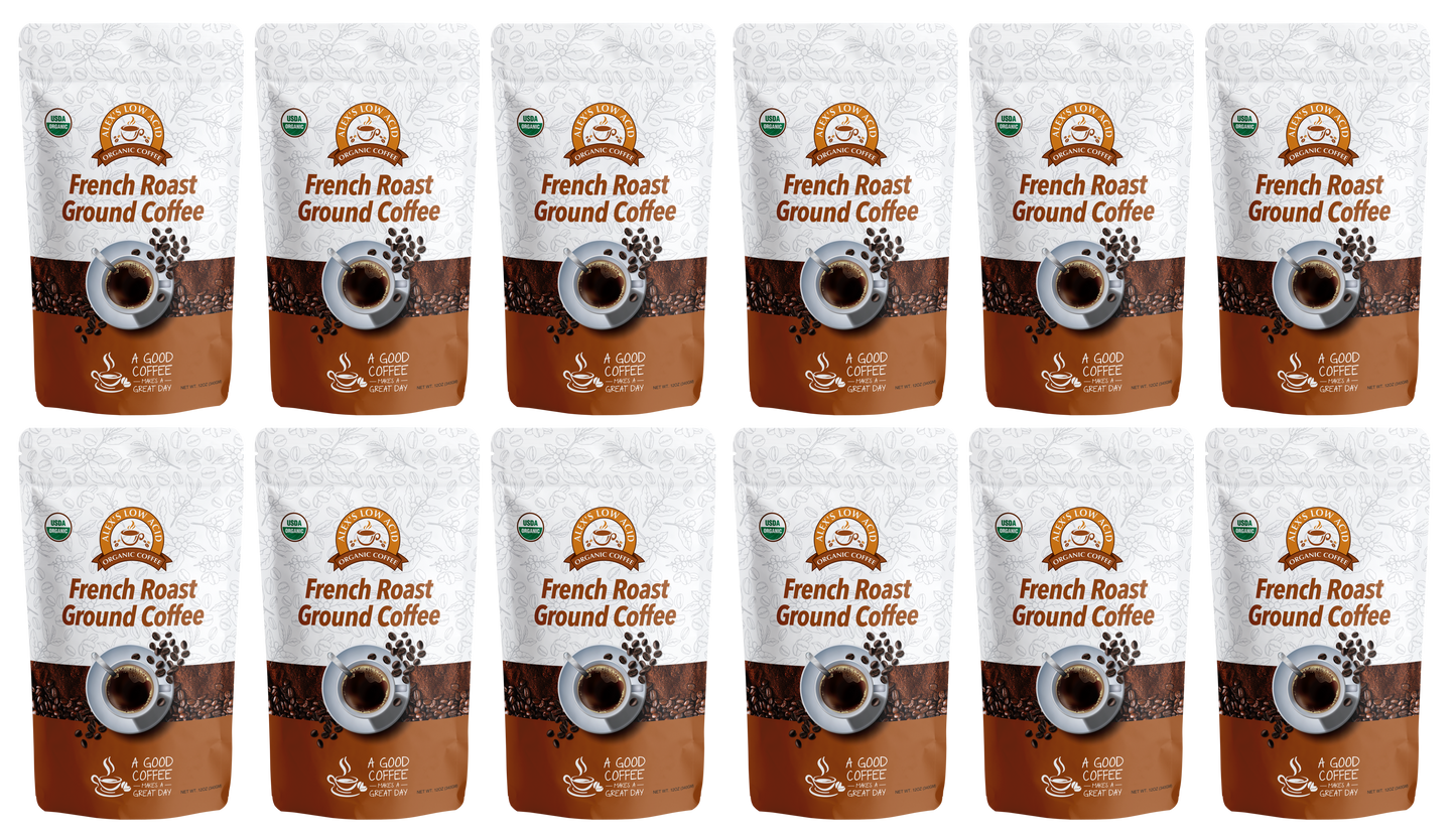 Twelve bags of Alex's Low-Acid Organic Coffee™ - French Roast (12oz) by Alex's Low Acid Coffee are arranged in three rows of four. The white and brown packaging emphasizes its organic, low-acid blend—great for avoiding heartburn.