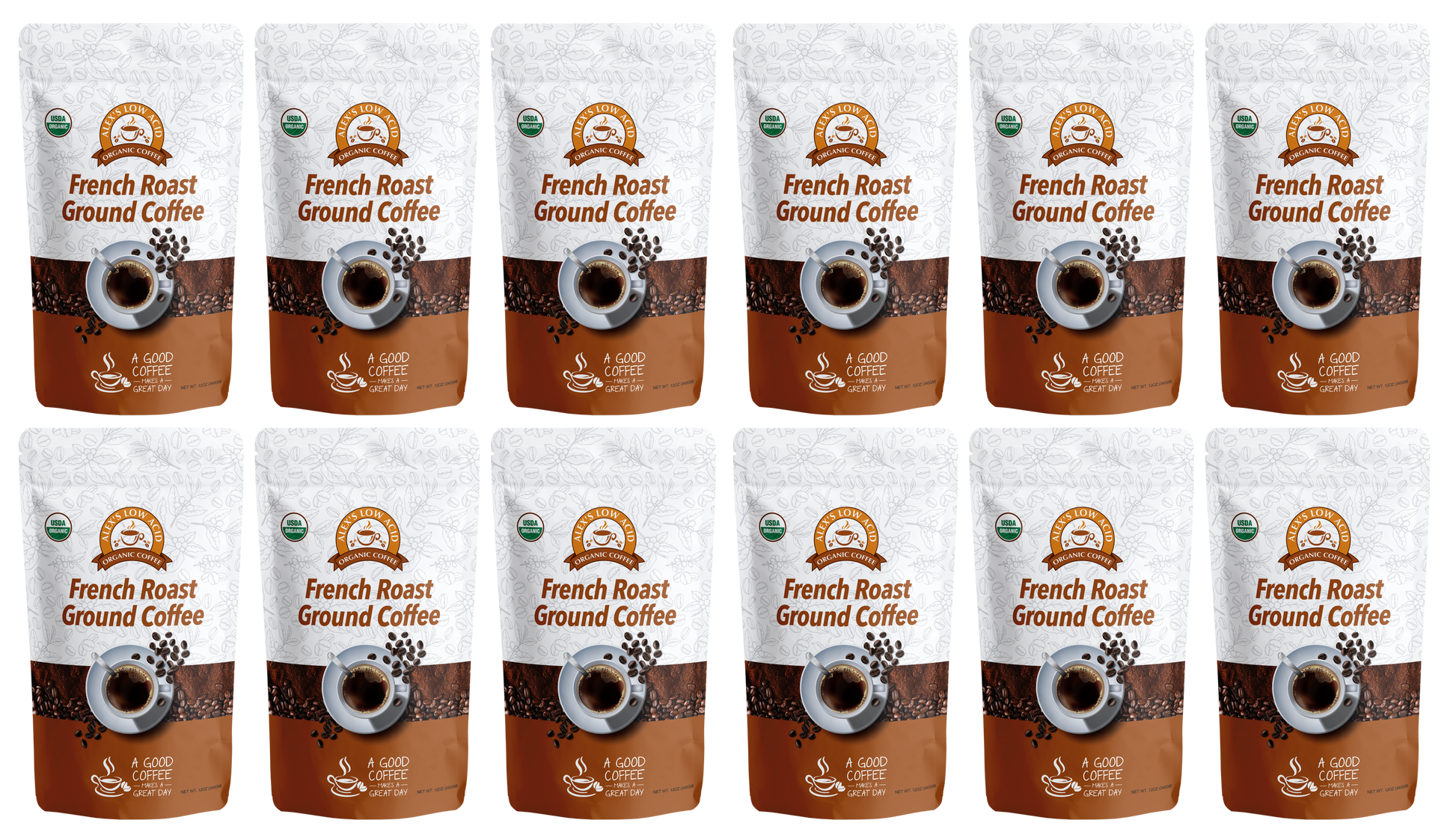 Twelve bags of Alex's Low-Acid Organic Coffee™ - French Roast (12oz) by Alex's Low Acid Coffee are arranged in three rows of four. The white and brown packaging emphasizes its organic, low-acid blend—great for avoiding heartburn.