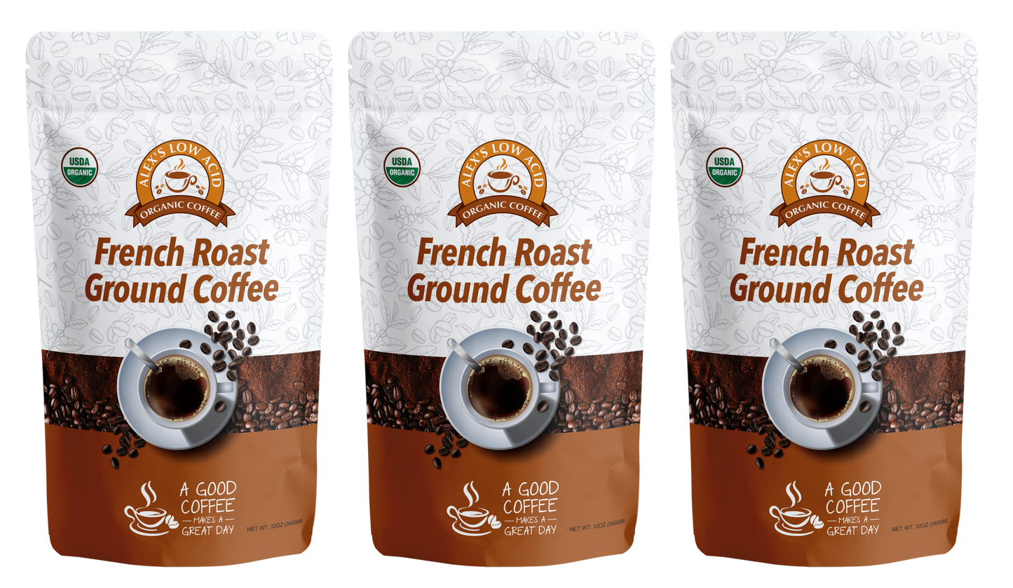 Three 12oz packages of Alex's Low-Acid Organic Coffee™ - French Roast Fresh Ground by Alex's Low Acid Coffee, with a brown and white design, coffee cup art, USDA organic label, and “A GOOD COFFEE MAKES A GREAT DAY!” Ideal for low-acid coffee fans.
