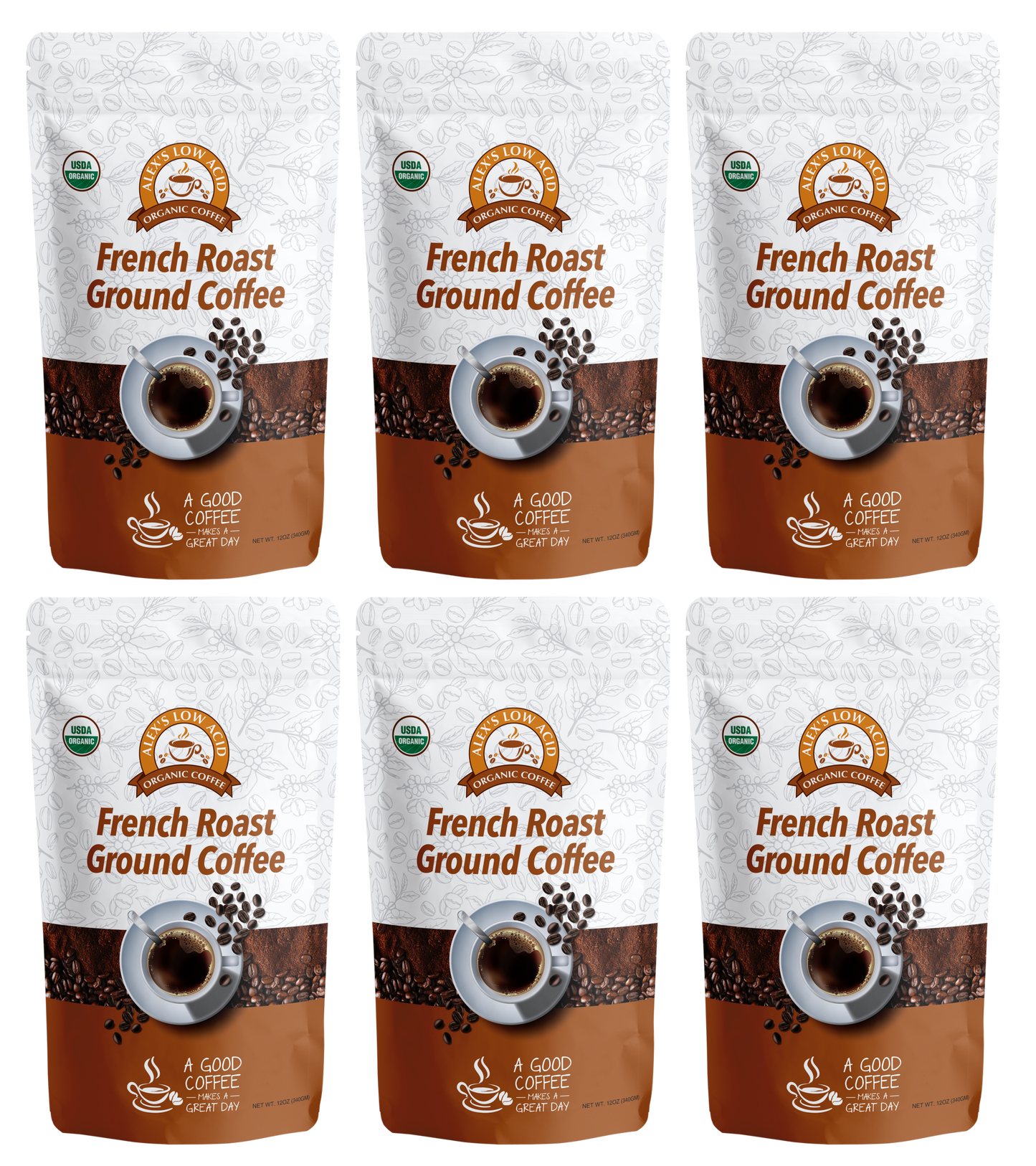 Six bags of Alex's Low-Acid Organic Coffee™ - French Roast Fresh Ground (12oz) from Alex's Low Acid Coffee are arranged in two rows of three. The white and brown packaging highlights its rich flavor without causing heartburn.