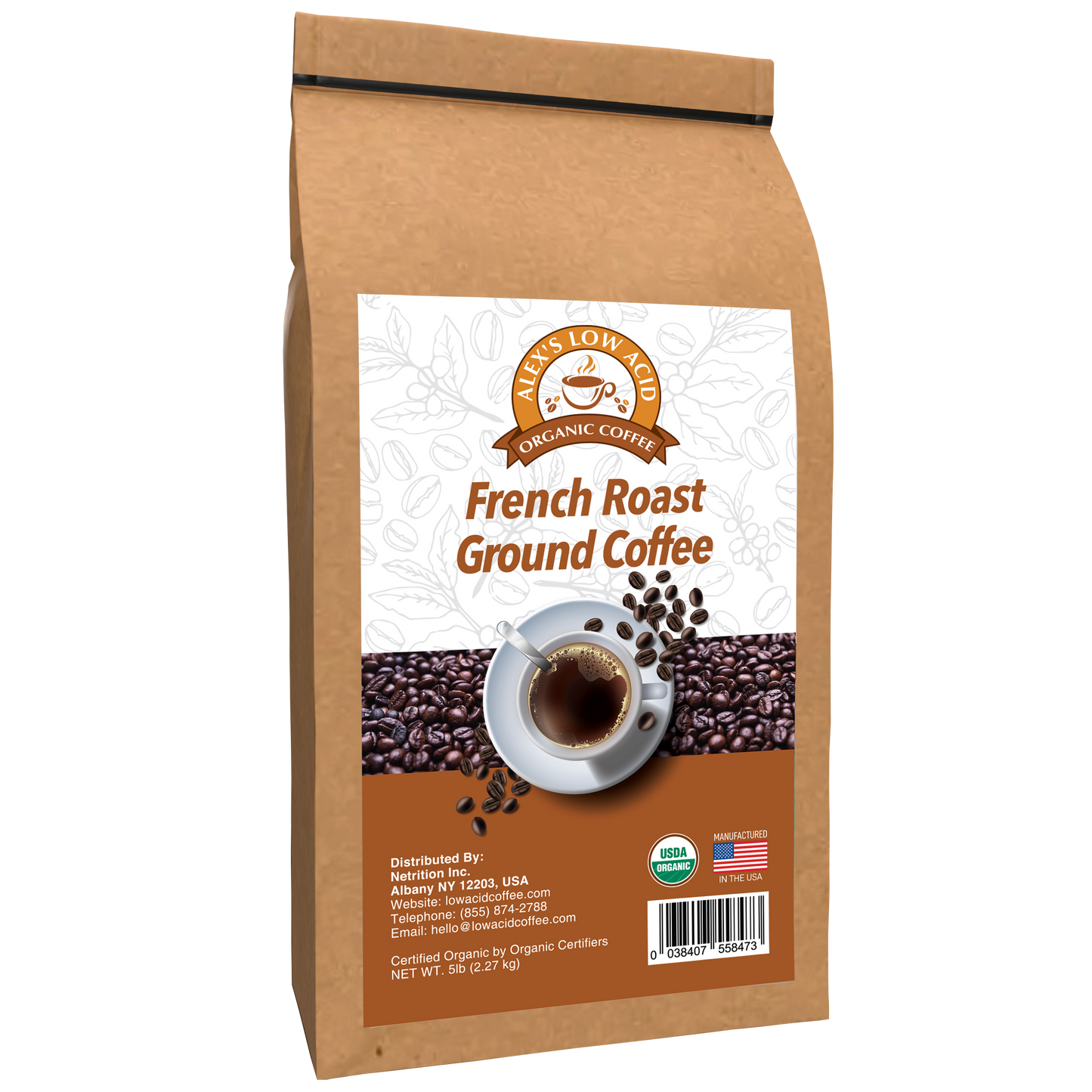 A brown paper bag labeled Alex’s Low-Acid Organic Coffee™ - French Roast Fresh Ground (5lbs) by Alex's Low Acid Coffee, featuring a coffee cup, beans, logo, heartburn relief info, certifications, contact details, and a US flag.