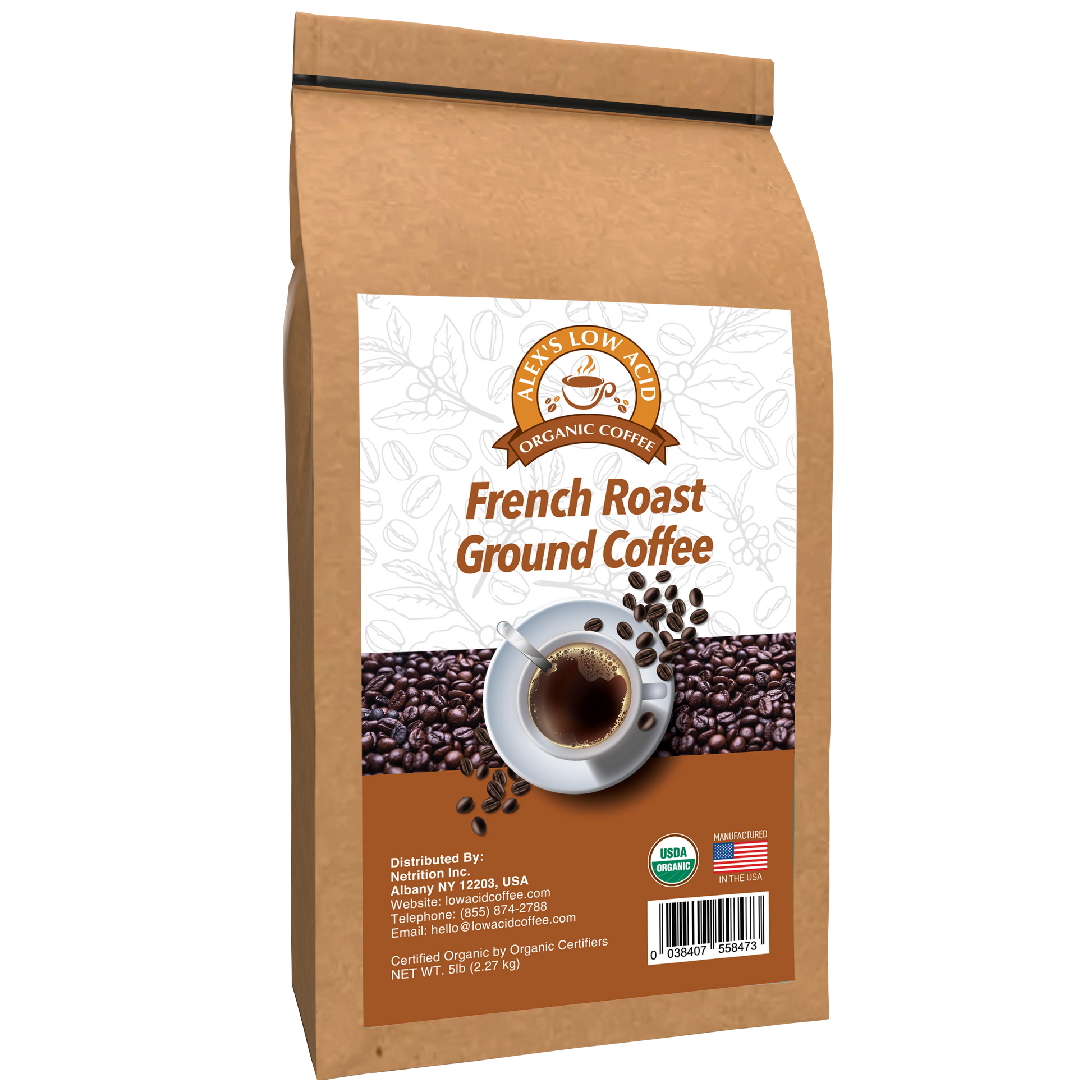 A brown paper bag labeled Alex’s Low-Acid Organic Coffee™ - French Roast Fresh Ground (5lbs) by Alex's Low Acid Coffee, featuring a coffee cup, beans, logo, heartburn relief info, certifications, contact details, and a US flag.