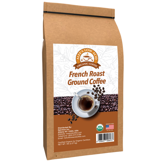 A brown paper bag labeled Alex’s Low-Acid Organic Coffee™ - French Roast Fresh Ground (5lbs) by Alex's Low Acid Coffee, featuring a coffee cup, beans, logo, heartburn relief info, certifications, contact details, and a US flag.