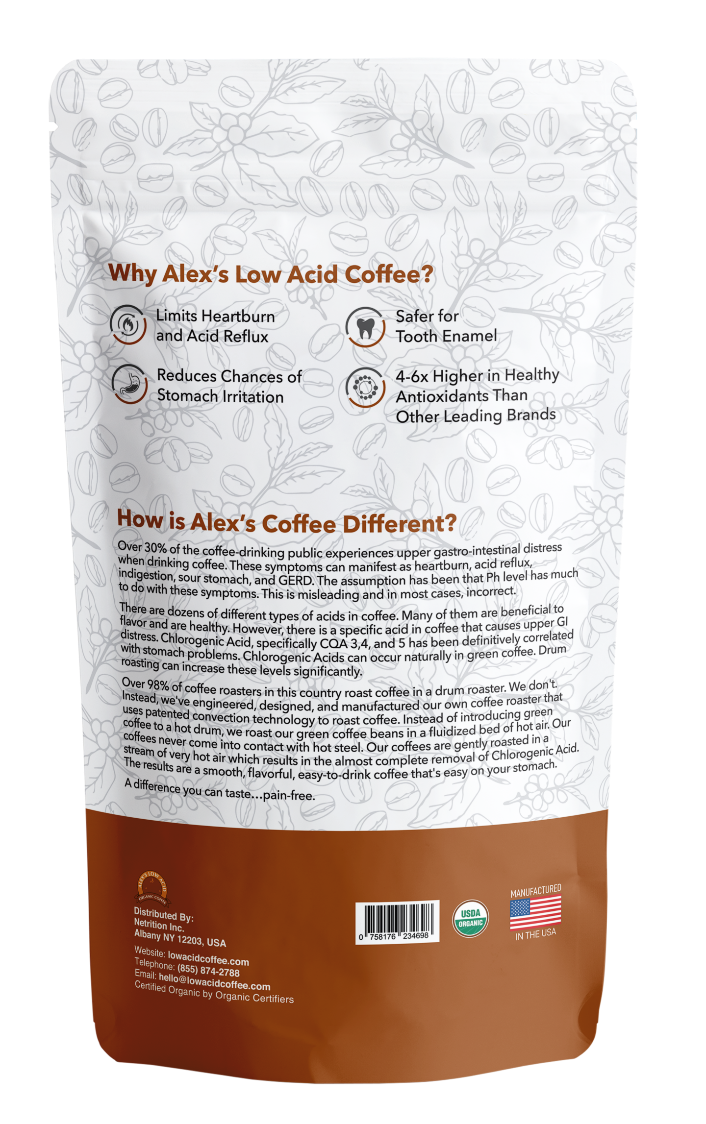 Back of Alex's Low-Acid Organic Coffee™ - French Roast (12oz) highlights its organic, low-acid formula to help reduce heartburn, stomach irritation, and protect tooth enamel. Features certifications and an orange-white design.