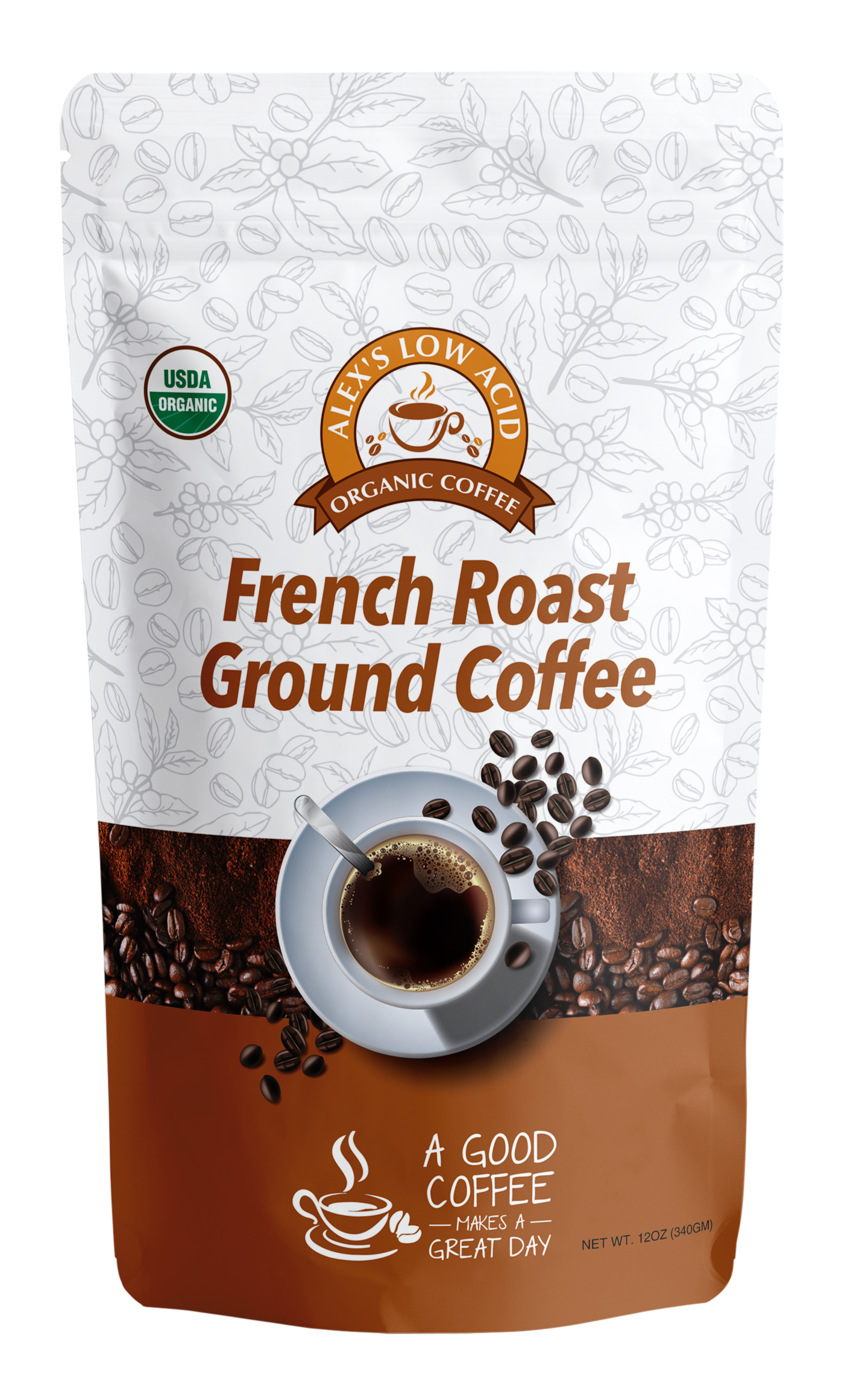 A 12oz white and brown bag of Alex's Low Acid Organic Coffee™ - French Roast Fresh Ground, featuring coffee beans, a steaming cup, and the USDA Organic seal—ideal for those wanting organic coffee that's gentle on heartburn.