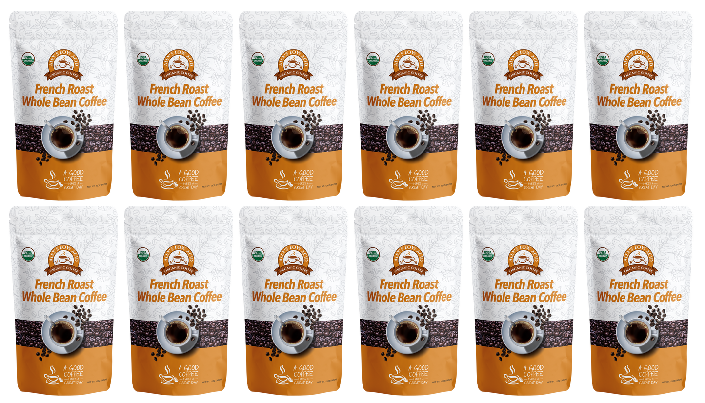 Twelve bags of Alex's Low-Acid Organic Coffee™ - French Roast Whole Bean (12oz) by Alex's Low Acid Coffee are arranged in three rows of four. The white and orange packaging shows a coffee cup and promotes a smooth brew gentle on heartburn.