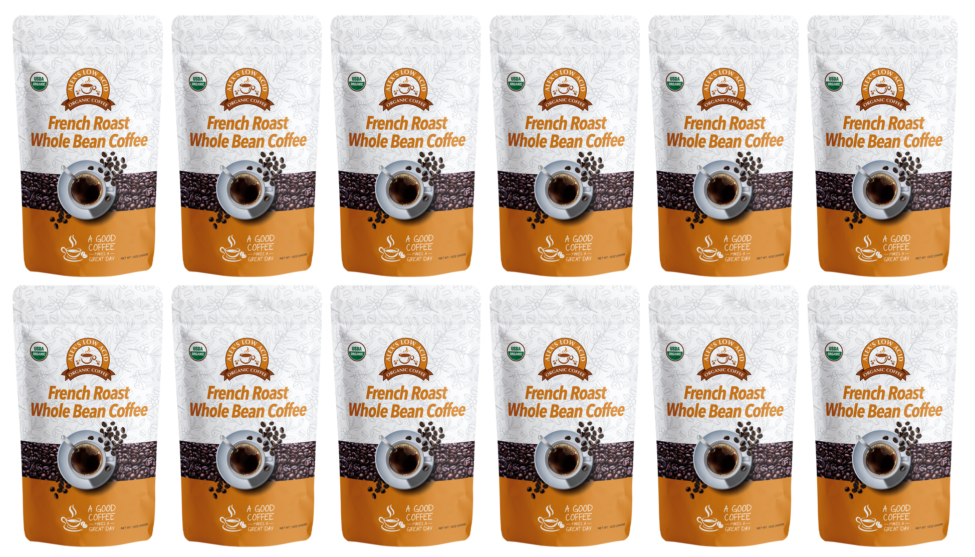 Twelve bags of Alex's Low-Acid Organic Coffee™ - French Roast Whole Bean (12oz) by Alex's Low Acid Coffee are arranged in three rows of four. The white and orange packaging shows a coffee cup and promotes a smooth brew gentle on heartburn.