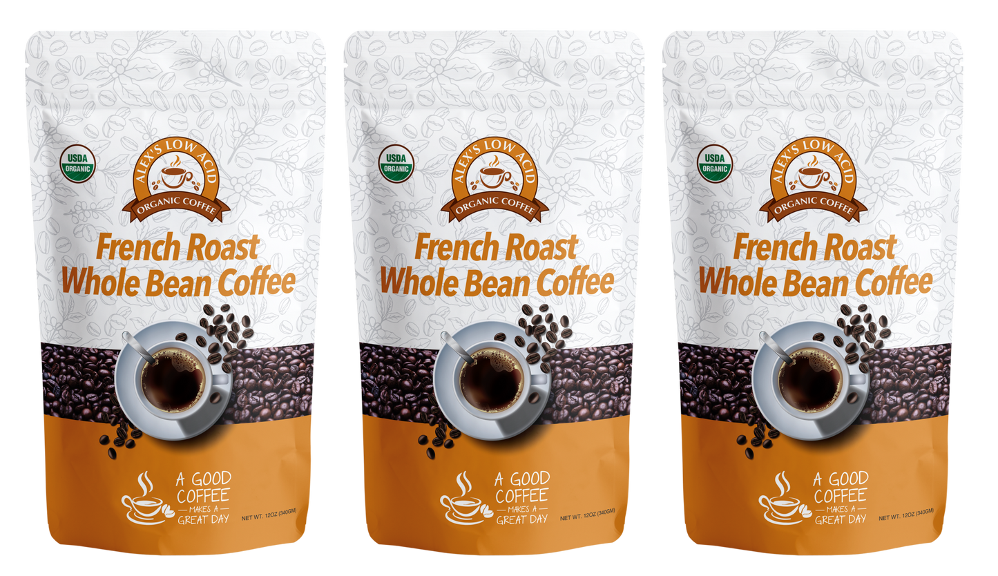 Three bags of Alex's Low-Acid Organic Coffee™ - French Roast Whole Bean (12oz) from Alex's Low Acid Coffee are shown. The packaging highlights this gentle, low-acid coffee, perfect for sensitive stomachs or those prone to heartburn.
