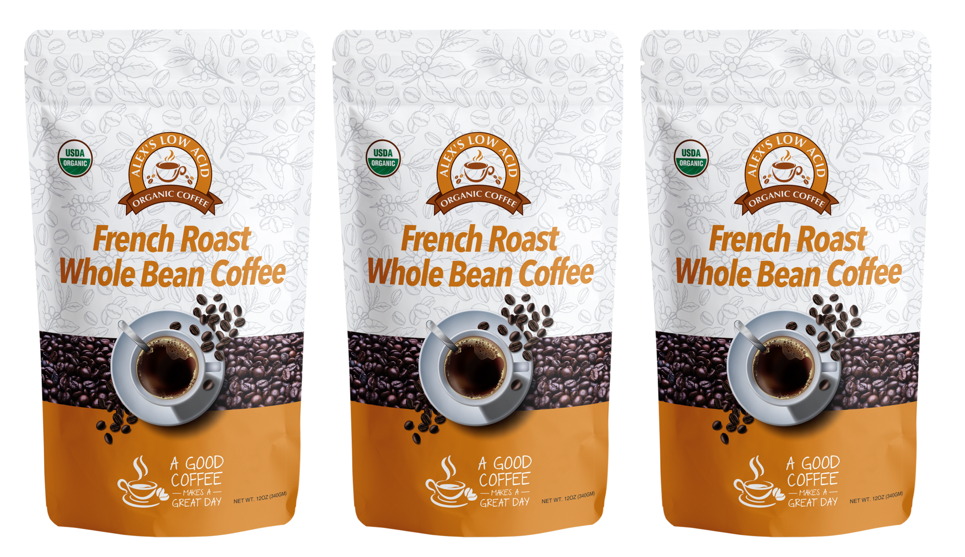 Three bags of Alex's Low-Acid Organic Coffee™ - French Roast Whole Bean (12oz) from Alex's Low Acid Coffee are shown. The packaging highlights this gentle, low-acid coffee, perfect for sensitive stomachs or those prone to heartburn.