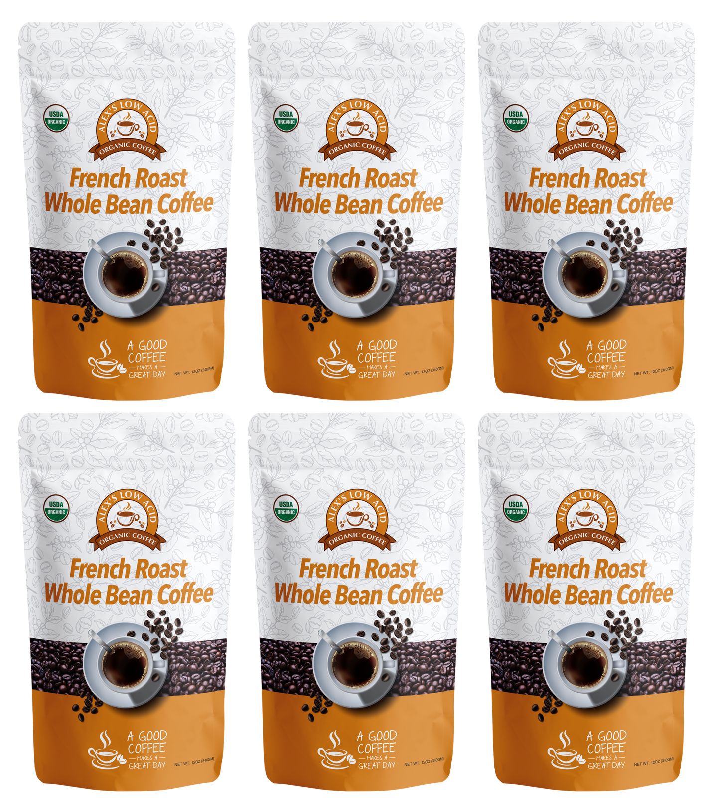 Six bags of Alex's Low Acid Coffee French Roast Whole Bean (12oz) are displayed in two rows. The white and orange packaging shows a coffee cup, beans, and the organic certification for those wanting quality low-acid coffee.