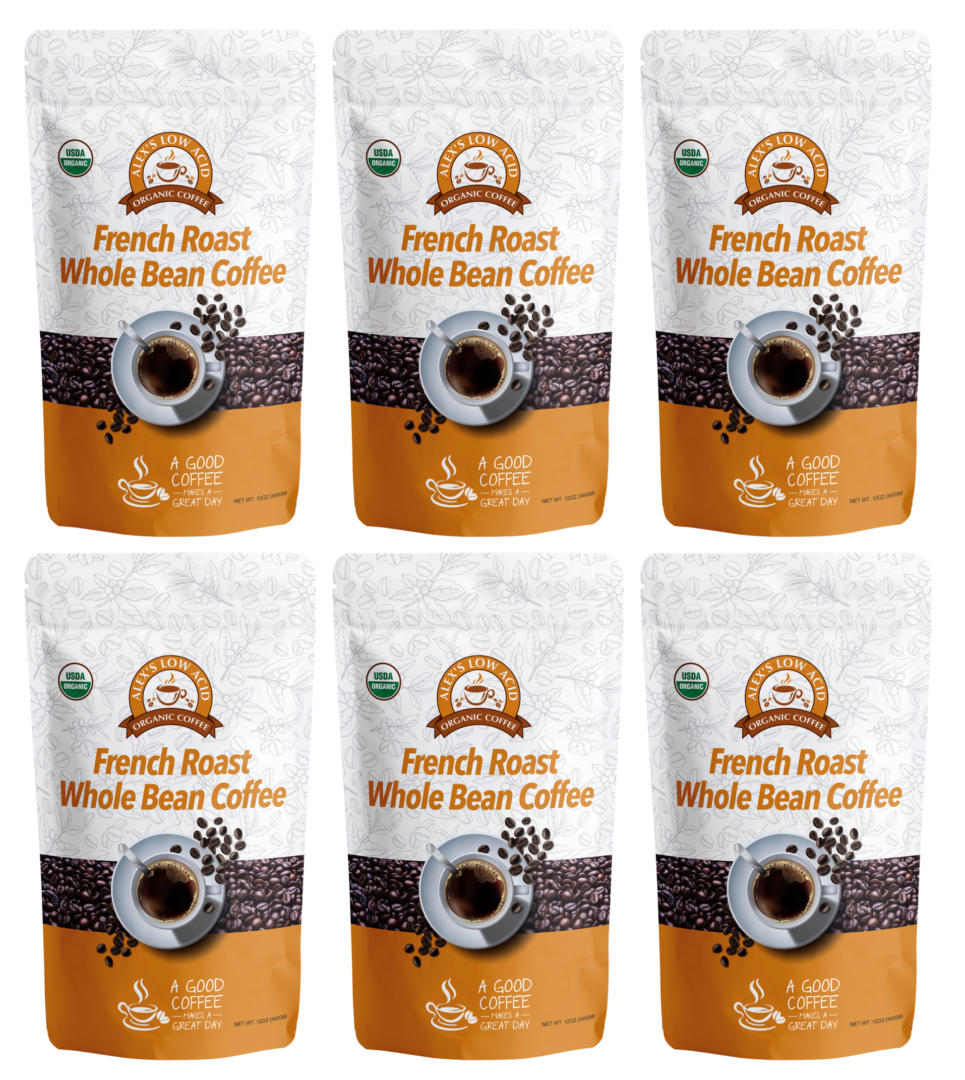 Six bags of Alex's Low Acid Coffee French Roast Whole Bean (12oz) are displayed in two rows. The white and orange packaging shows a coffee cup, beans, and the organic certification for those wanting quality low-acid coffee.