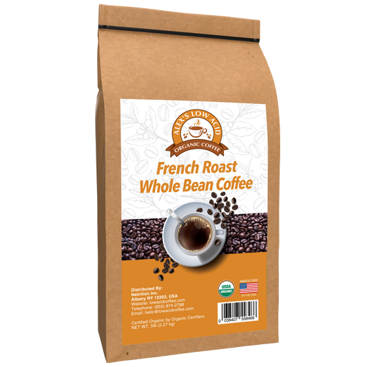 A brown bag labeled "Alex's Low-Acid Organic Coffee™ - French Roast Whole Bean (5lbs)" by Alex's Low Acid Coffee shows a cup of low-acid coffee, beans, and icons for heartburn relief, certification, and the American flag on the front.