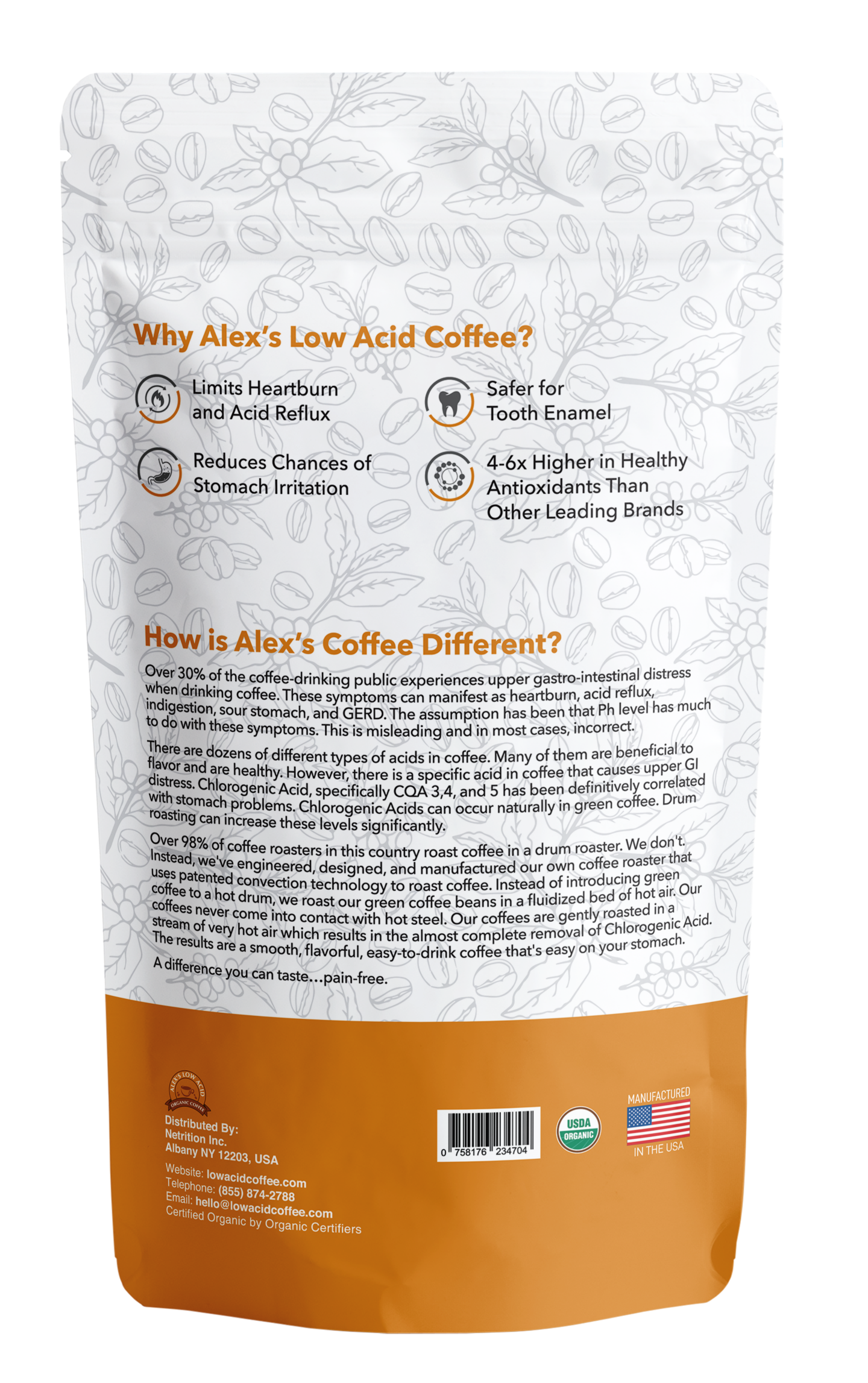 The back of the Alex's Low-Acid Organic Coffee™ - French Roast Whole Bean (12oz) bag notes benefits like gentler on stomach, more antioxidants, and tooth-friendly. Certification logos and a U.S. flag are also displayed.