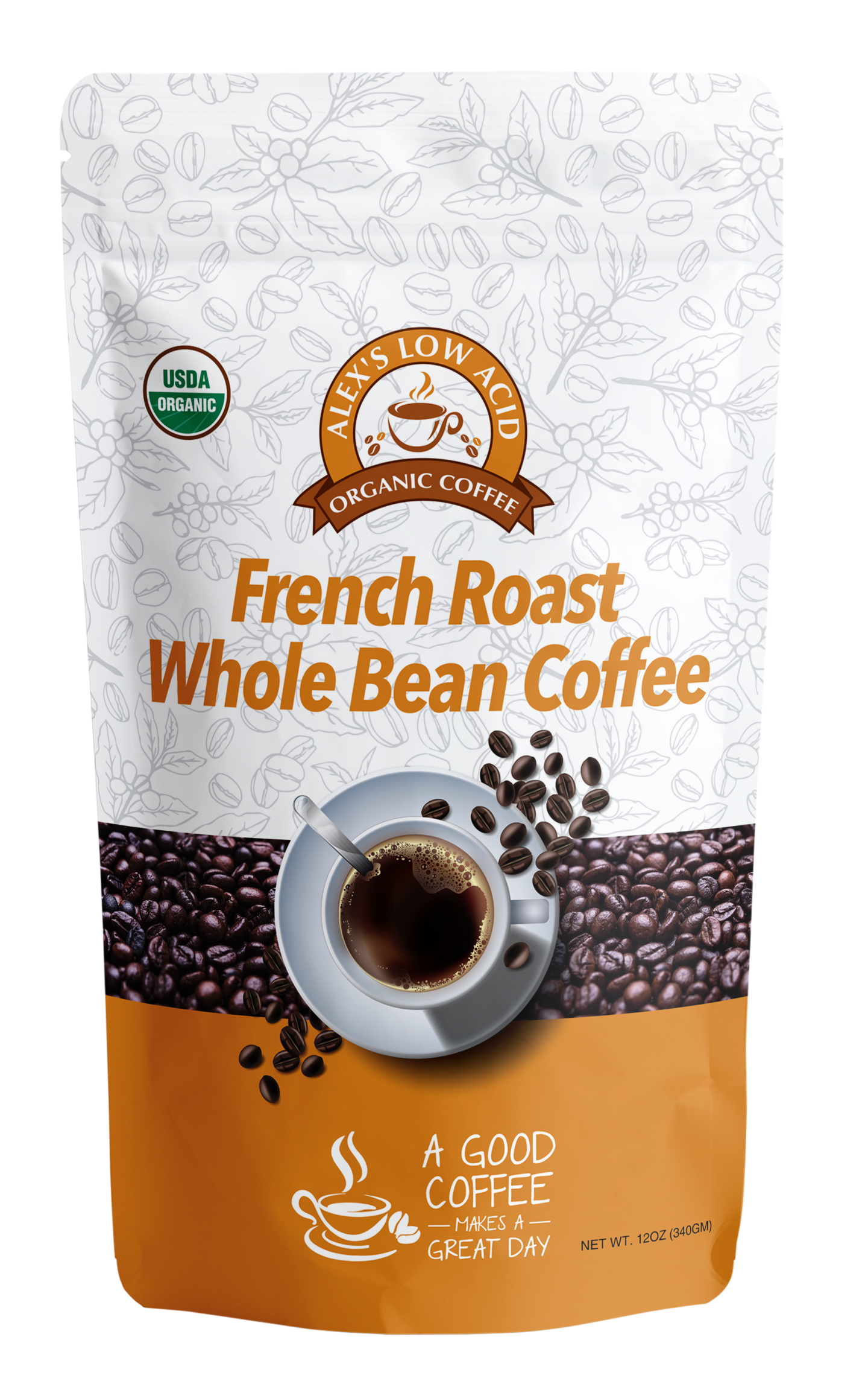 Alex's Low-Acid Organic Coffee™ - French Roast Whole Bean (12oz) from Alex's Low Acid Coffee comes in white and orange packaging with a cup, beans, and USDA Organic label—great for heartburn-sensitive coffee lovers.