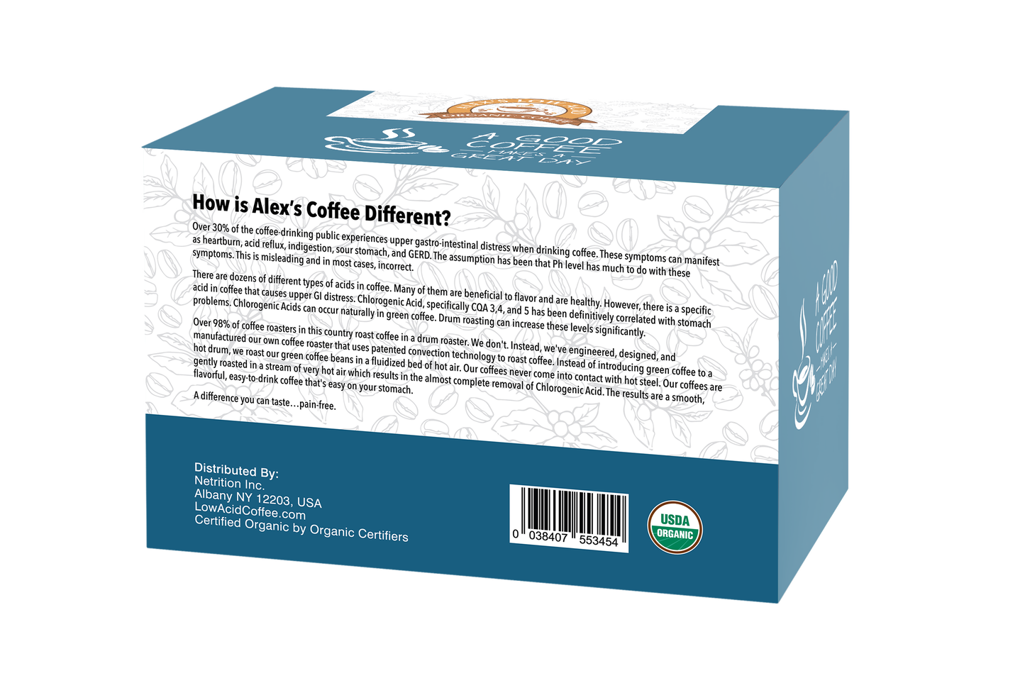 Back of a blue Alex's Low-Acid Organic Coffee™ K-Cups - Half Caff box with white coffee bean designs, organic coffee benefits text, barcode, USDA Organic label, distributor info, and Alex's Low Acid Coffee logo. Now available in low acid.