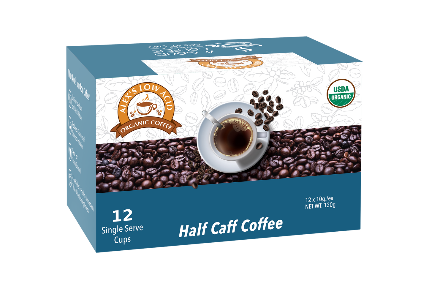 A blue box of Alex's Low-Acid Organic Coffee™ K-Cups - Half Caff by Alex's Low Acid Coffee, featuring 12 single-serve cups and the USDA Organic label. Ideal for those seeking gentle, organic half caff coffee.
