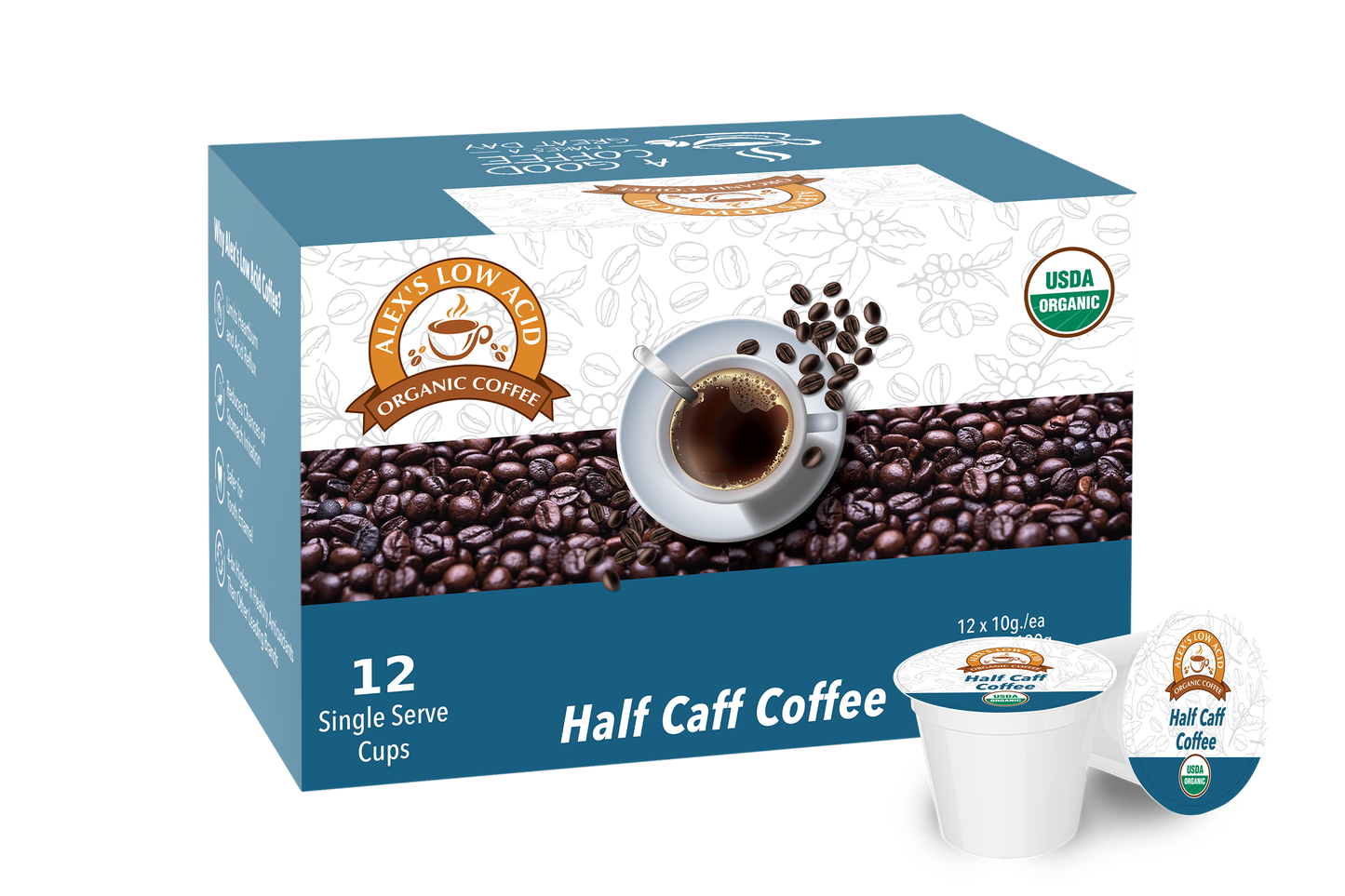 A blue and white box of Alex's Low-Acid Organic Coffee™ K-Cups - Half Caff from Alex's Low Acid Coffee, featuring 12 single-serve cups, organic beans, a steaming cup image, and USDA Organic certification for smooth, low acid coffee.