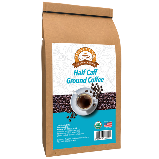 A brown 5lb bag of Alex's Low-Acid Organic Coffee™ - Half Caff Fresh Ground from Alex's Low Acid Coffee shows a cup of low-acid coffee with beans, plus certification, contact, and distribution info on the front.