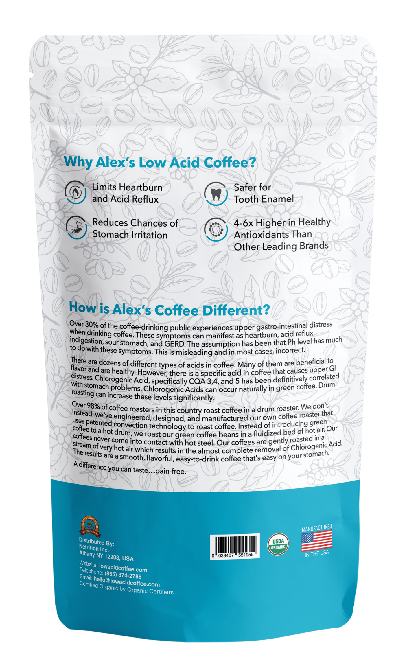 The back of Alex's Low-Acid Organic Coffee™ - Half Caff Fresh Ground (12oz) highlights heartburn relief, enamel protection, and higher antioxidants. It explains how this organic blend is unique and displays certifications from Alex's Low Acid Coffee.