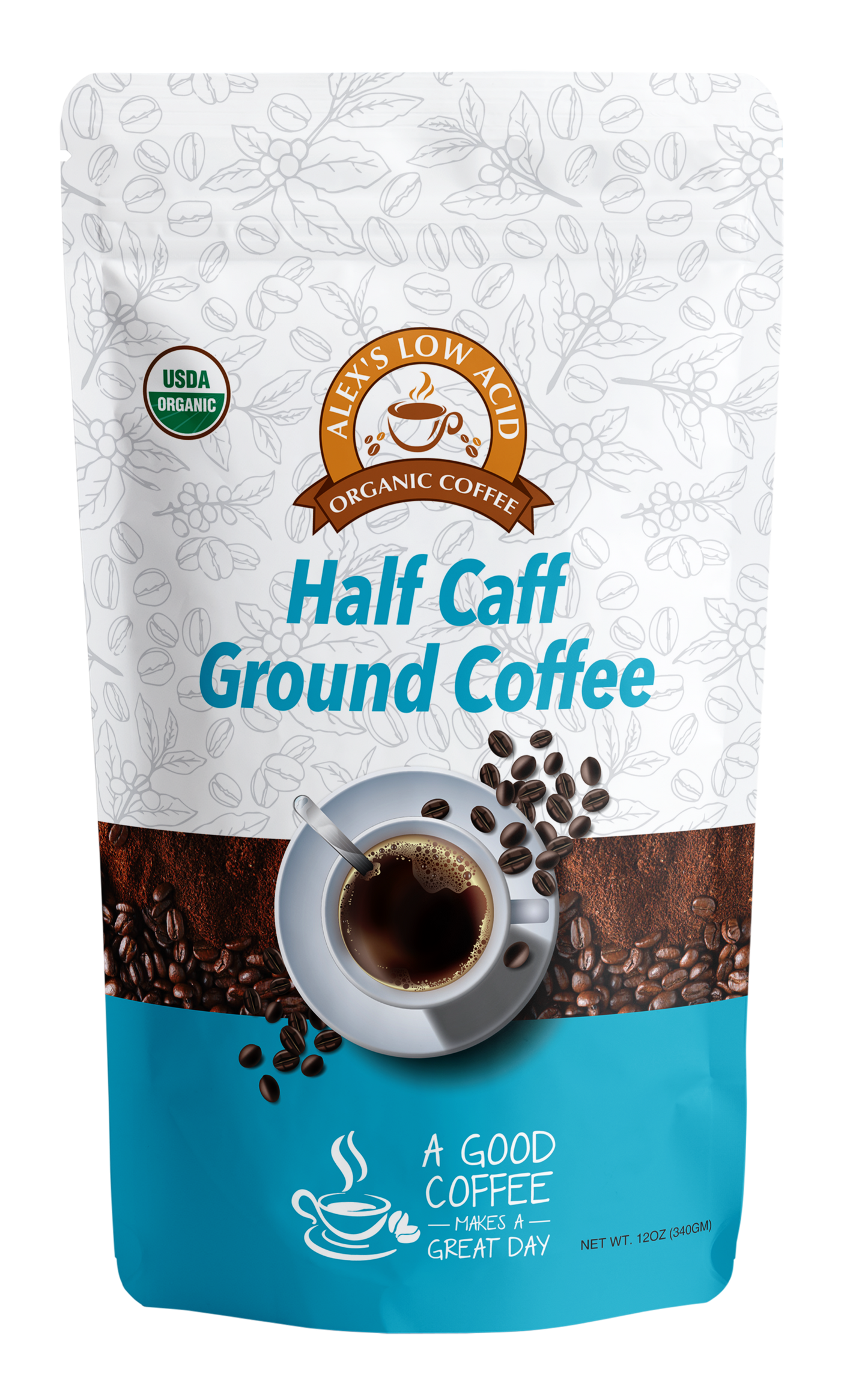 A 12oz bag of Alex's Low-Acid Organic Coffee™ - Half Caff Fresh Ground from Alex's Low Acid Coffee. The white and blue packaging shows beans, a cup, the USDA Organic seal, and says “A good coffee makes a great day.” Smooth, low-acid blend.