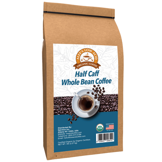 A brown bag of Alex's Low-Acid Organic Coffee™ - Half Caff Whole Bean (5lbs) by Alex's Low Acid Coffee displays a cup on beans, product details, a USDA Organic seal, and an American flag icon.