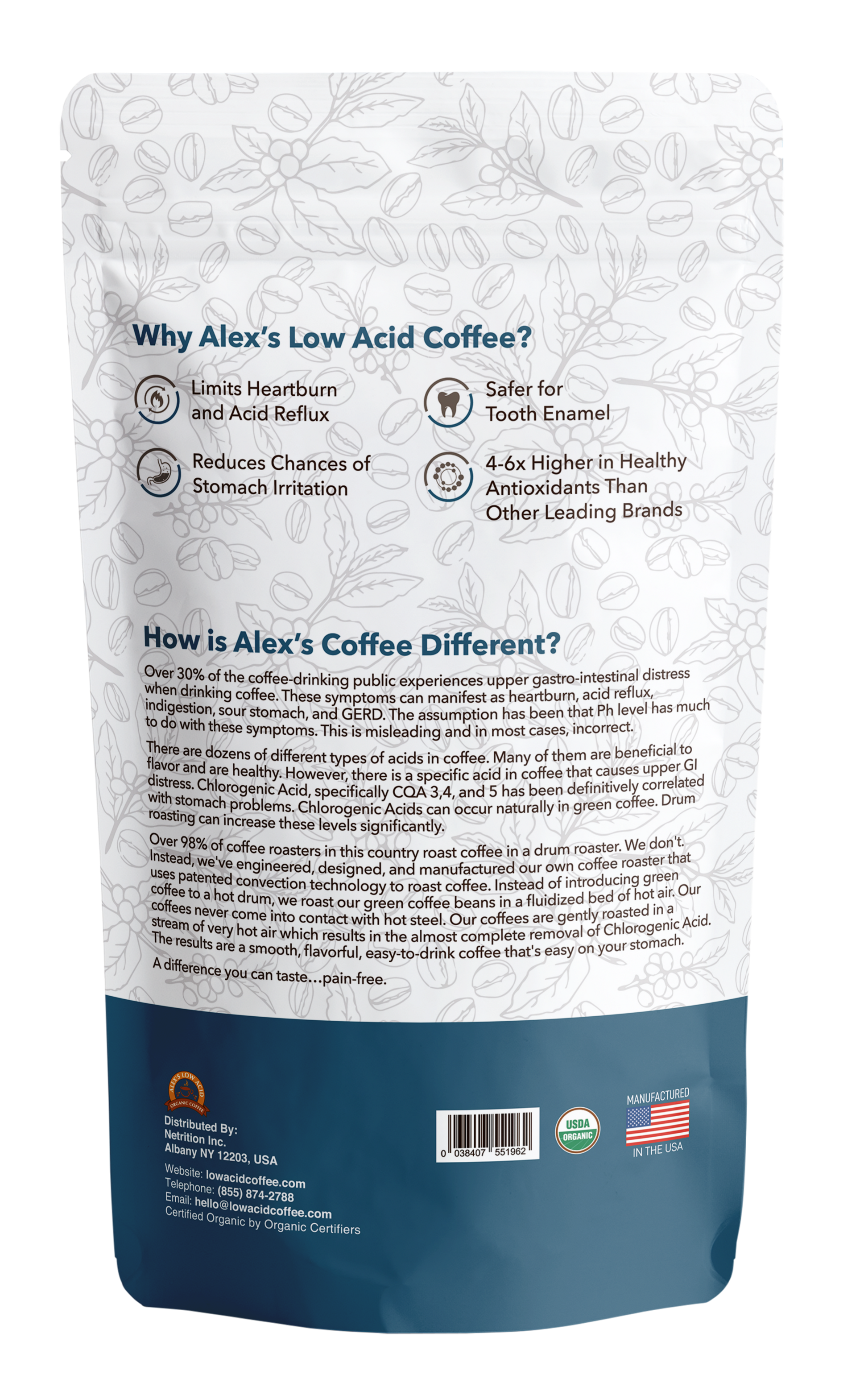 The back of Alex's Low-Acid Organic Coffee™ - Half Caff Whole Bean (12oz) features benefits like reduced heartburn, fewer stomach issues, safer for tooth enamel, and higher antioxidants than other organic coffee brands.