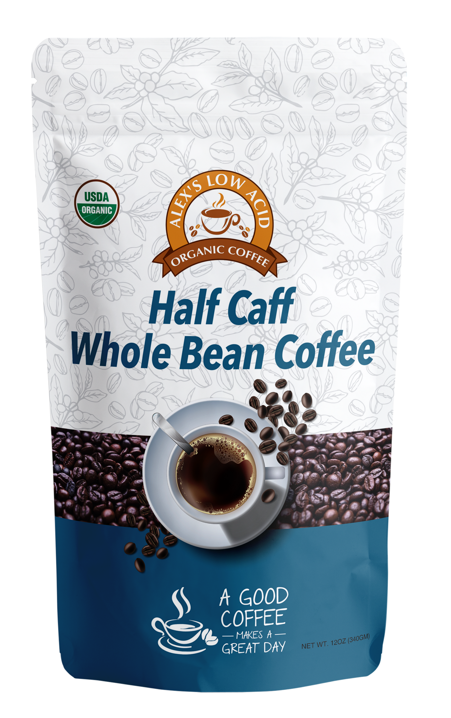 A 12oz bag of Alex's Low-Acid Organic Coffee™ - Half Caff Whole Bean from Alex's Low Acid Coffee features low-acid beans, a cup of coffee image, and the USDA Organic seal on its packaging.