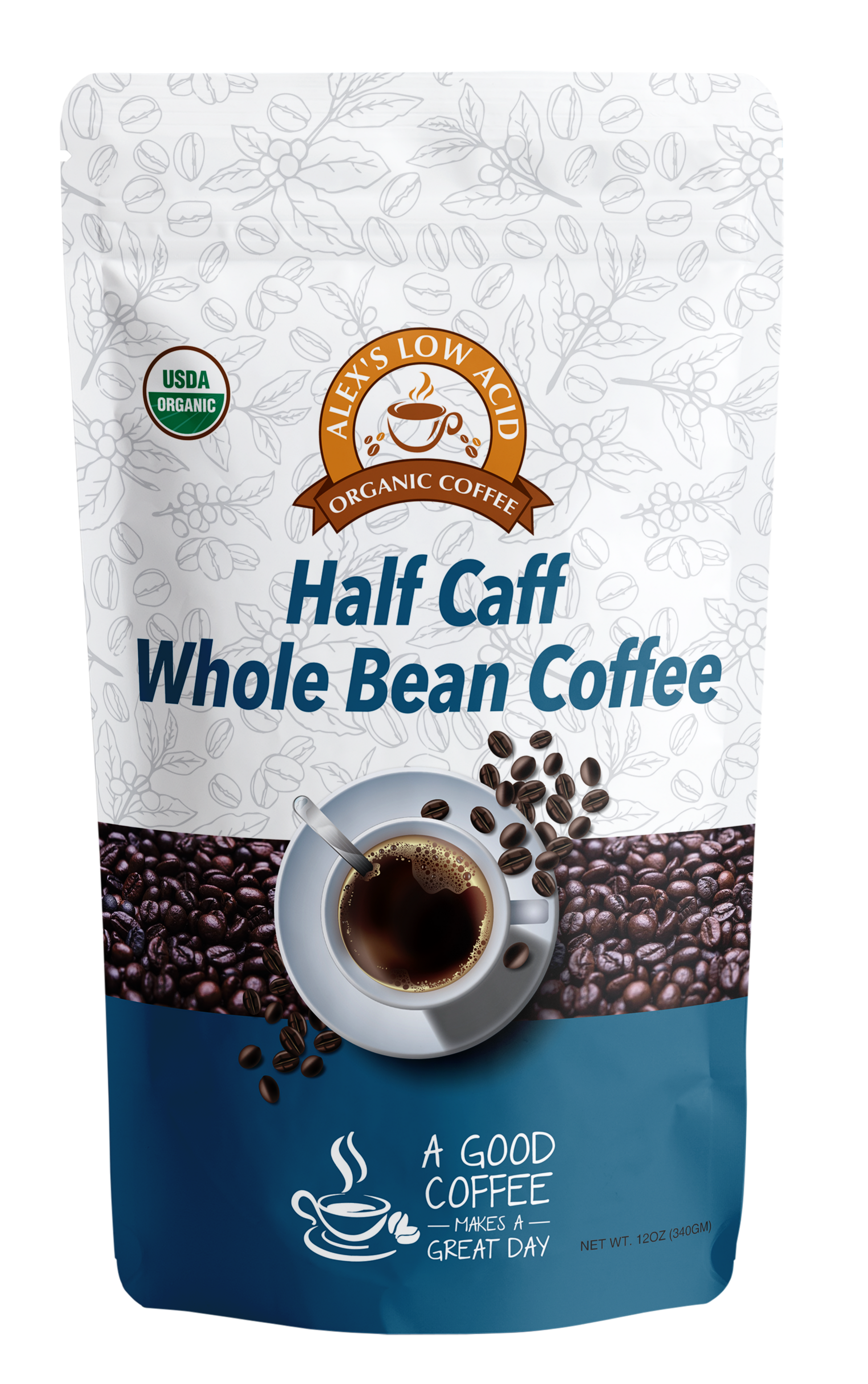 A 12oz bag of Alex's Low-Acid Organic Coffee™ - Half Caff Whole Bean from Alex's Low Acid Coffee features low-acid beans, a cup of coffee image, and the USDA Organic seal on its packaging.