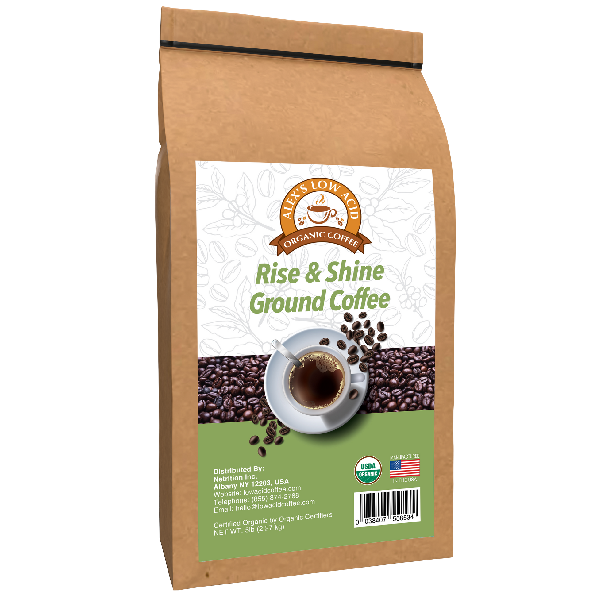 A brown 5lb bag of Alex's Low-Acid Organic Coffee™ - Rise and Shine Fresh Ground features a cup with beans, USDA Organic and American flag symbols, heartburn-friendly benefits, and Alex's Low Acid Coffee branding plus distributor info below.