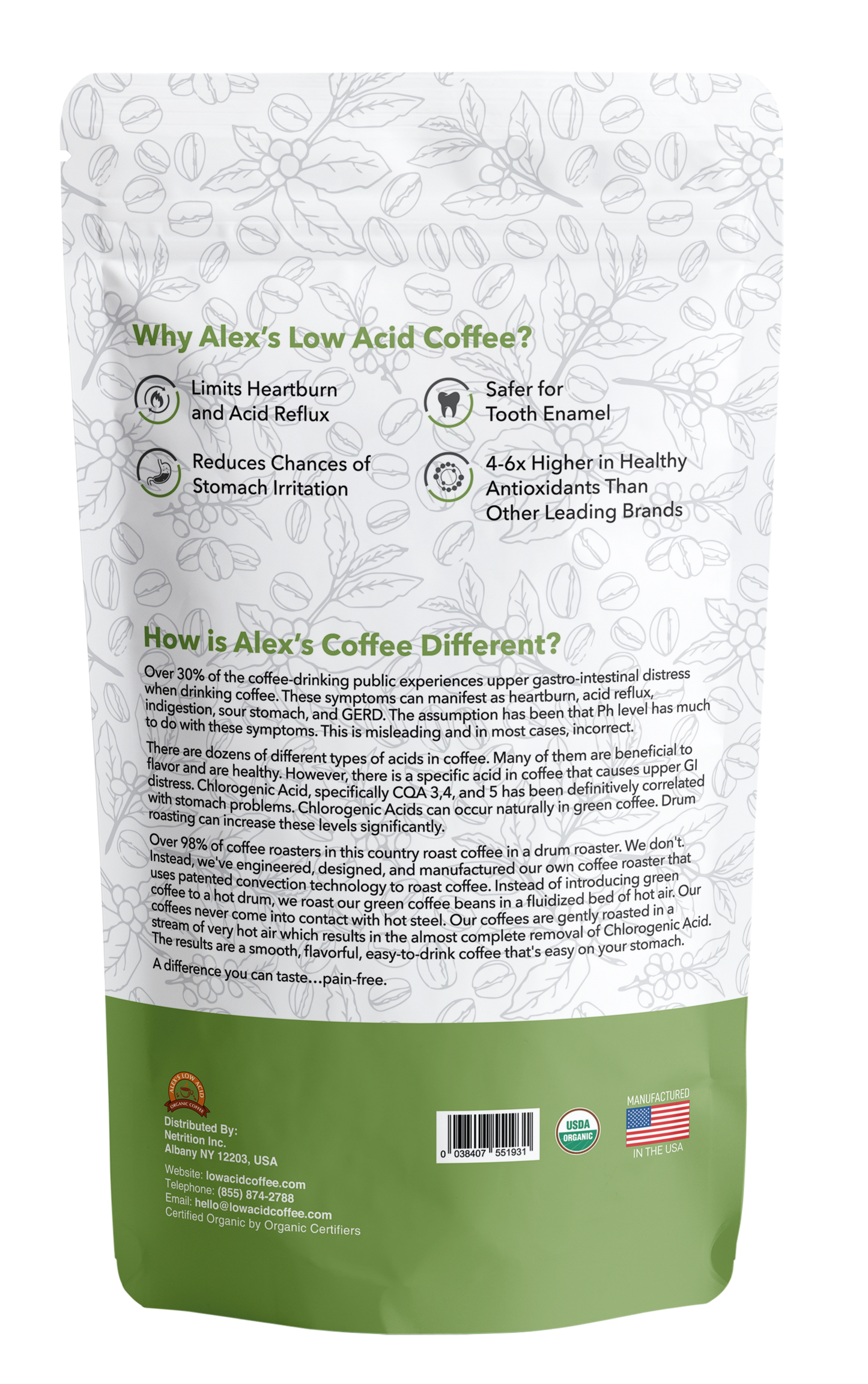 Back of Alex's Low Acid Organic Coffee™ - Rise and Shine Fresh Ground (12oz) shows benefits like heartburn relief and safer enamel, unique organic features, the Alex's Low Acid Coffee logo, certifications, and a US flag.