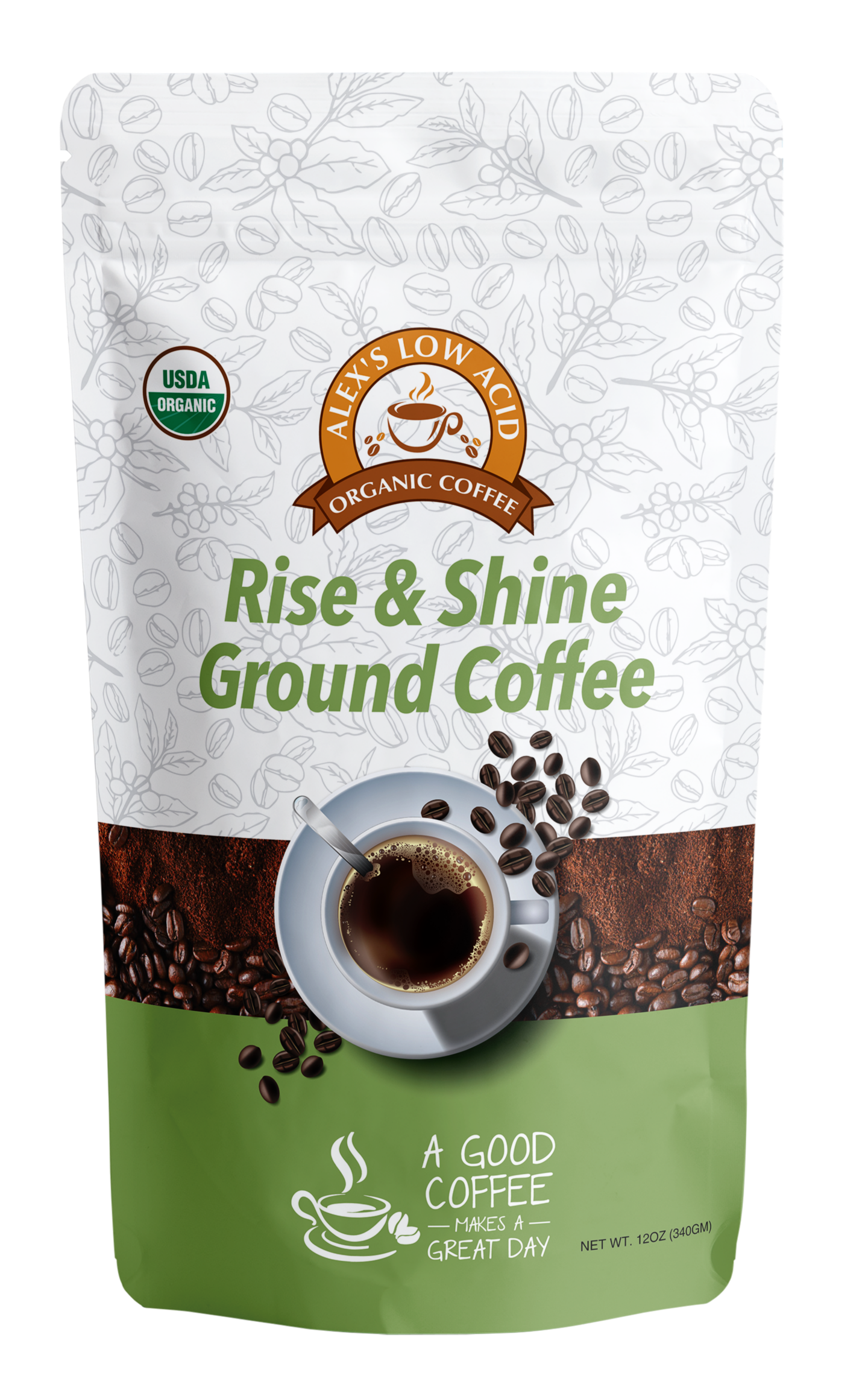 A bag of Alex's Low-Acid Coffee—Rise and Shine Fresh Ground (12oz)—highlights heartburn relief, USDA Organic certification, and features beans, a coffee cup, and the phrase "A good coffee makes a great day.