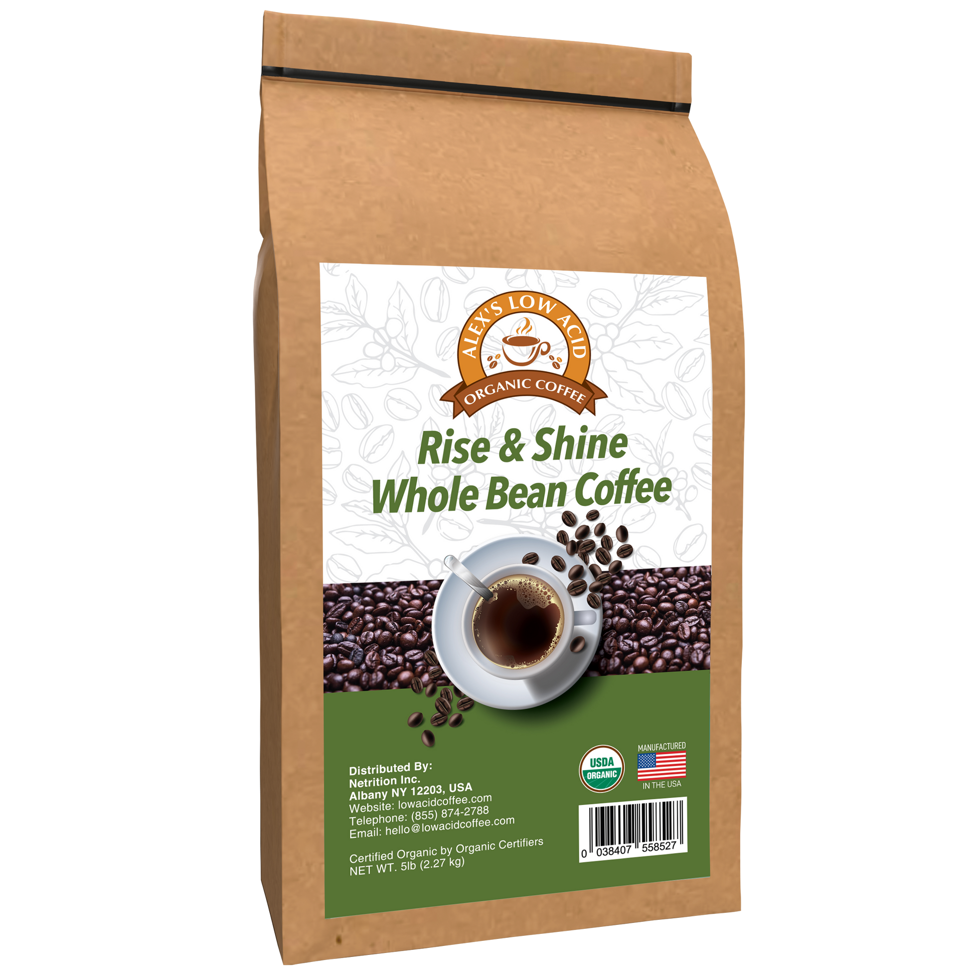 A 5lb brown bag of Alex's Low Acid Coffee™ - Rise and Shine Whole Bean features a coffee cup surrounded by beans, USDA Organic and American flag labels. Enjoy organic coffee designed for heartburn relief, with contact info on front.
