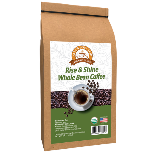 A 5lb brown bag of Alex's Low Acid Coffee™ - Rise and Shine Whole Bean features a coffee cup surrounded by beans, USDA Organic and American flag labels. Enjoy organic coffee designed for heartburn relief, with contact info on front.