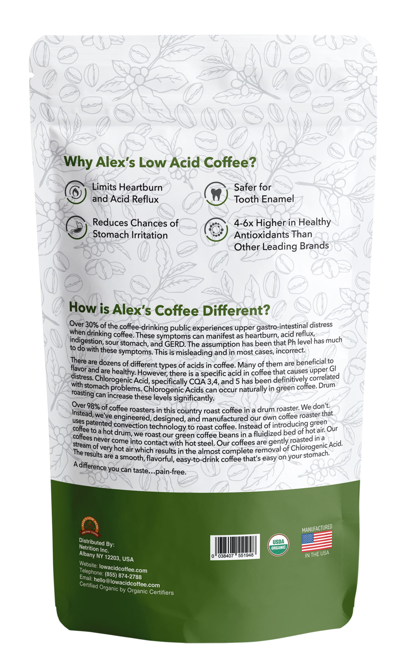 Back of Alex's Low-Acid Organic Coffee™ - Rise and Shine Whole Bean (12oz) by Alex's Low Acid Coffee, with green accents, leaf graphics, heartburn relief and health benefits text, plus recycling and USA origin symbols at the bottom.
