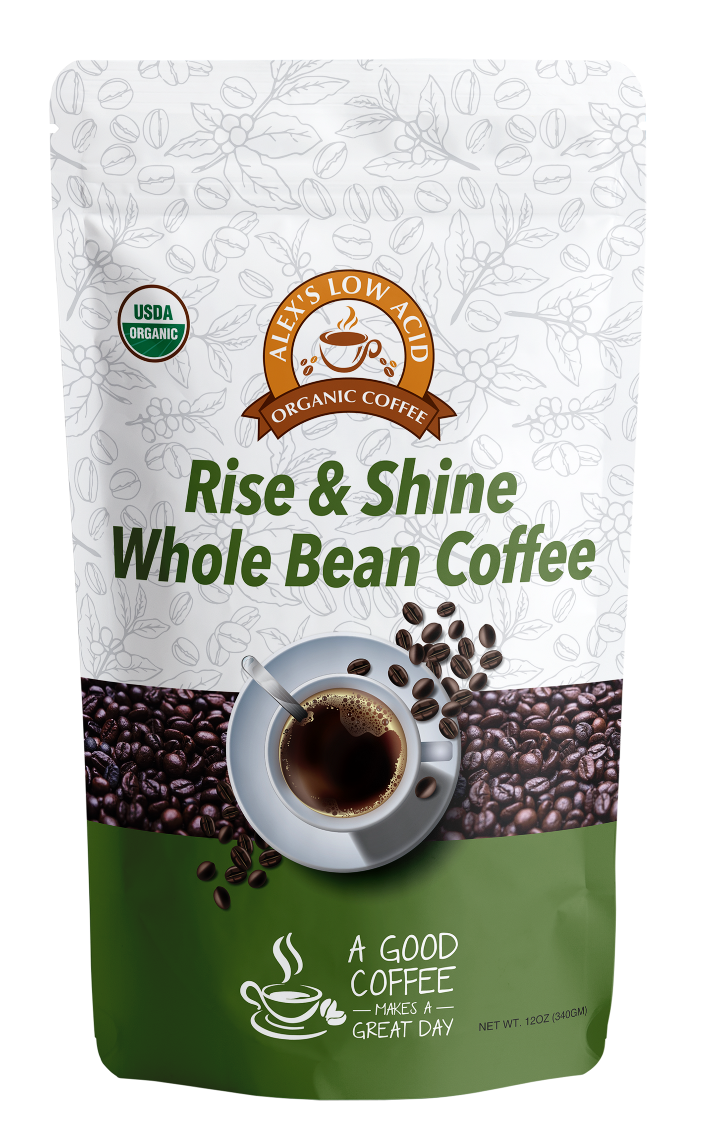 A 12oz bag of Alex's Low Acid Coffee™ - Rise and Shine Whole Bean features coffee beans, a cup, the USDA Organic logo, and promotes low-acid coffee for heartburn relief and a smooth start to your day.