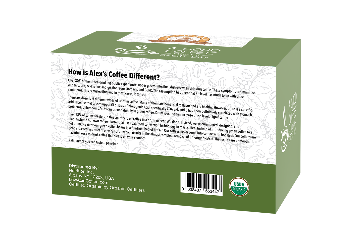 Green and white box of Alex’s Low-Acid Organic Coffee™ K-Cups—Rise & Shine by Alex's Low Acid Coffee, featuring heartburn relief details, barcode, USDA Organic label, and distribution info on the back panel.