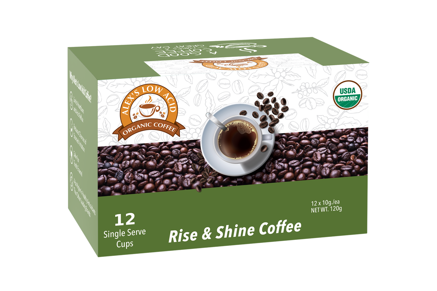 A 12-count box of Alex's Low-Acid Organic Coffee™ K-Cups - Rise & Shine by Alex's Low Acid Coffee features a green and white design, USDA Organic seal, coffee cup with beans, and promotes low-acid benefits for heartburn relief.